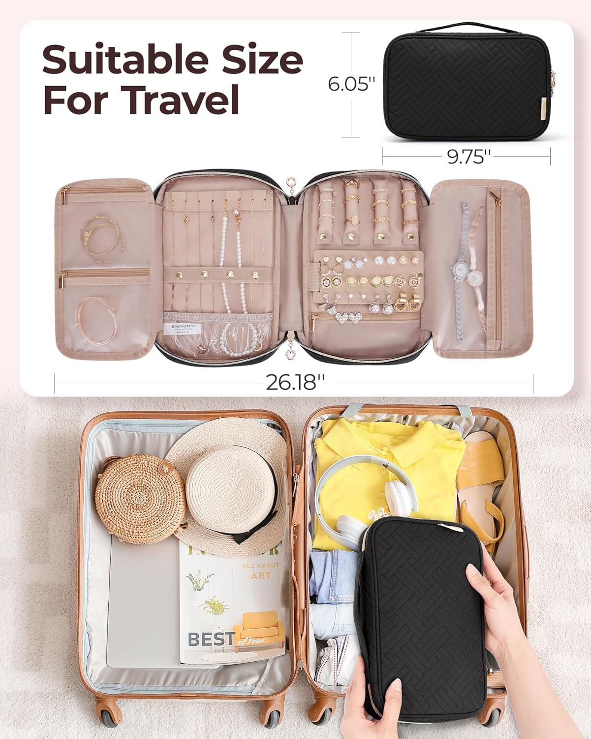 BAGSMART Jewelry Organizer Bag Travel Jewelry Storage Cases for Necklace, Earrings, Rings, Bracelet, Black