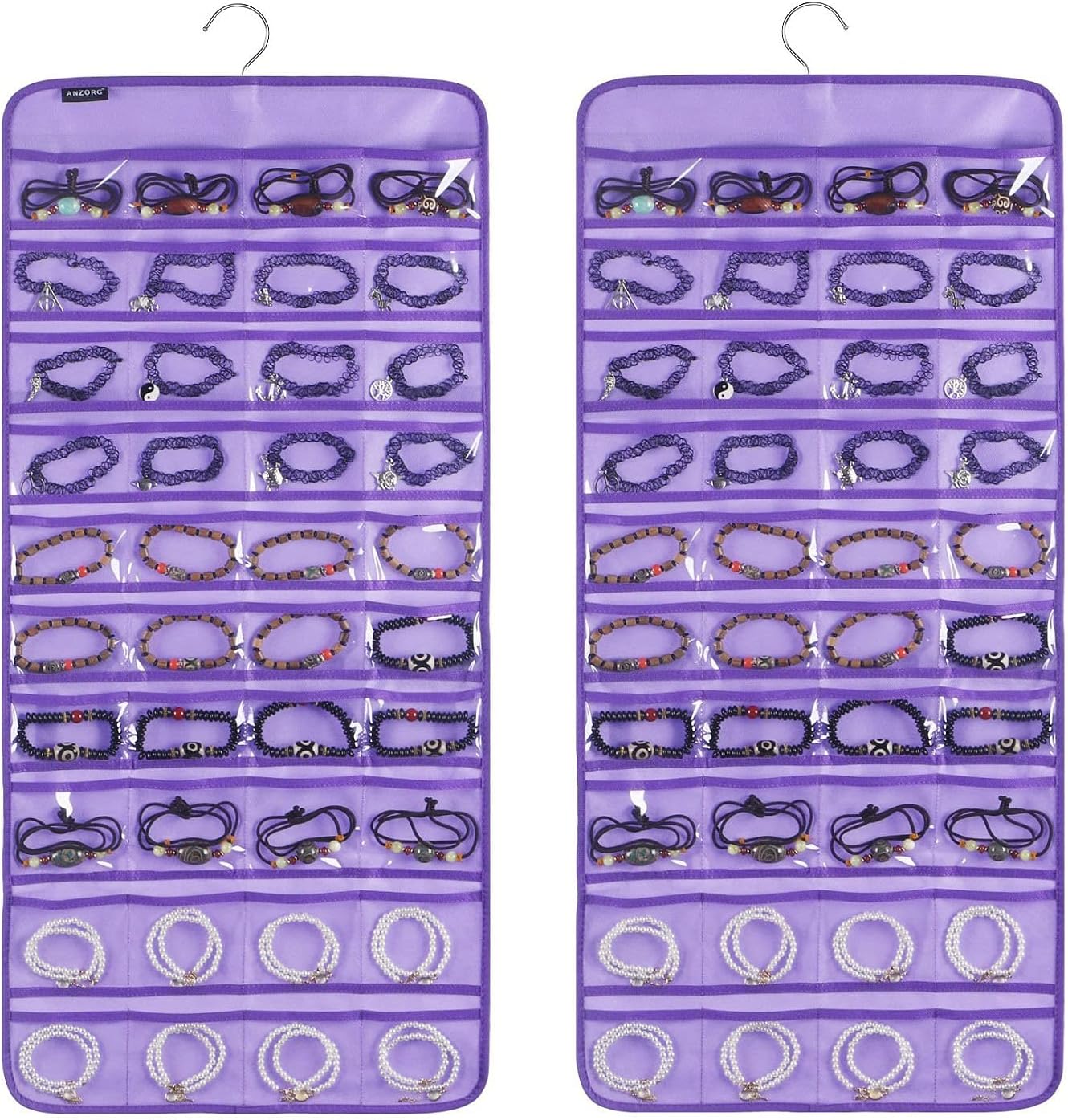 80 Pockets Hanging Jewelry Organizer for Holding Jewelries Dual-Sided Accessory Display Holder for Earrings Bracelets Rings (80 Pockets-Purple)