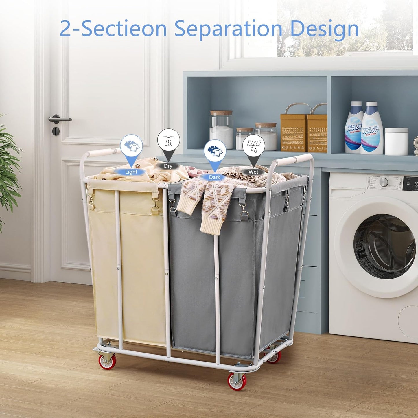 Hoctieon 2 Section Laundry Sorter Cart, 400L Rolling Hamper with Wheels, Industrial Laundry Basket Organizer, Extra Large Dirty Clothes Hamper for Home & Hotel, Heavy Duty, Gray+Beige
