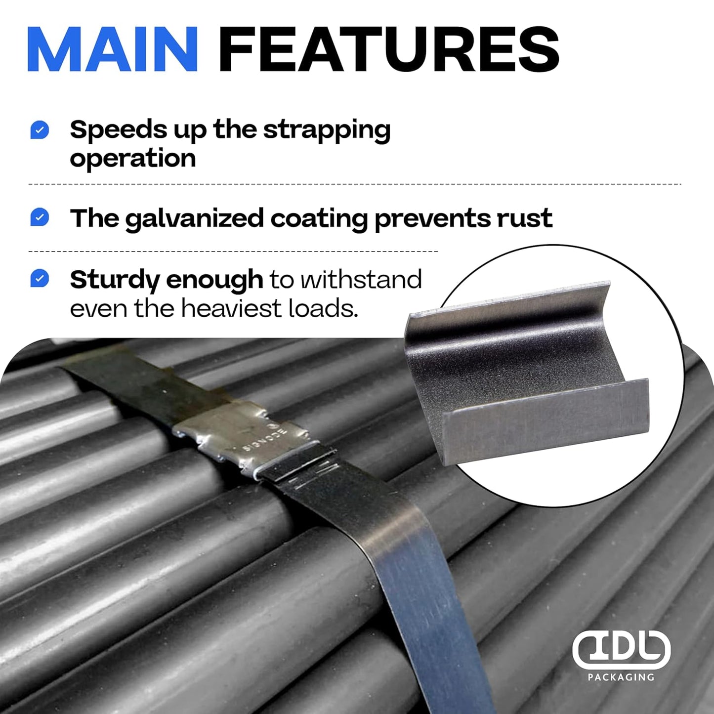 IDL Packaging Open (Snap-On) Seals for 3/4" Strap Width Steel Strapping (Pack of 1000) - Superior Holding Power - Sturdy Metal Clips for Securing Heavy Packaging and Pallet Banding