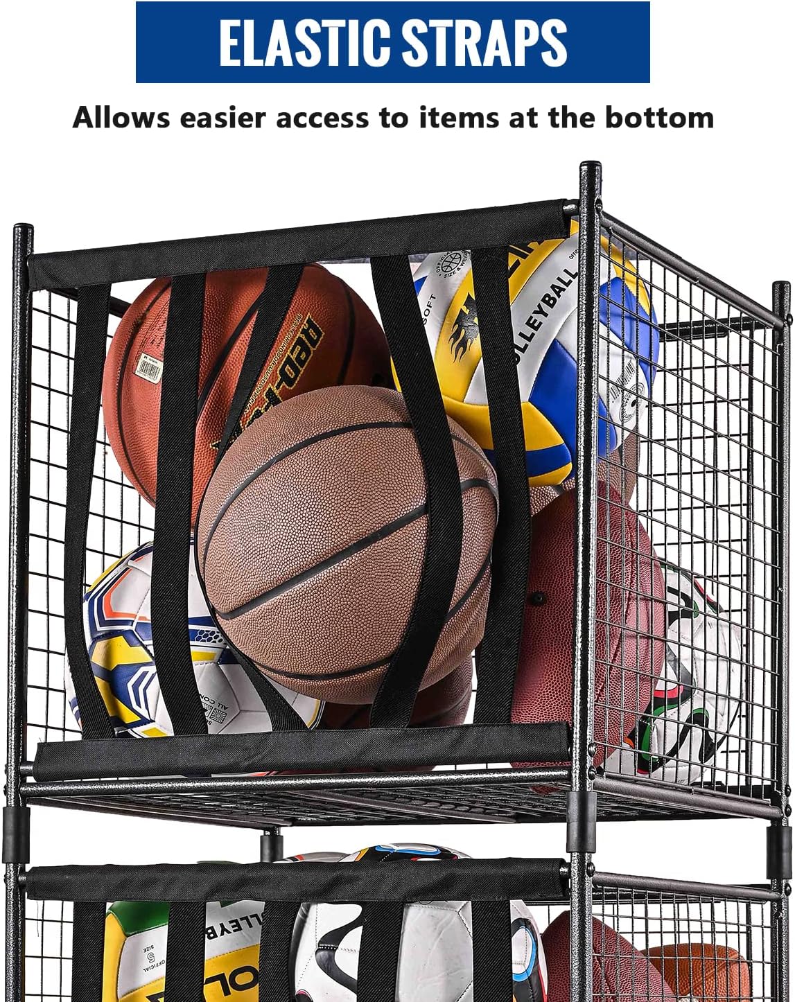Mythinglogic Rolling Sports Ball Storage Cart, Sports Lockable Ball Storage Locker with Elastic Straps, Stackable Ball Cage for Garage Storage Garage Organizer
