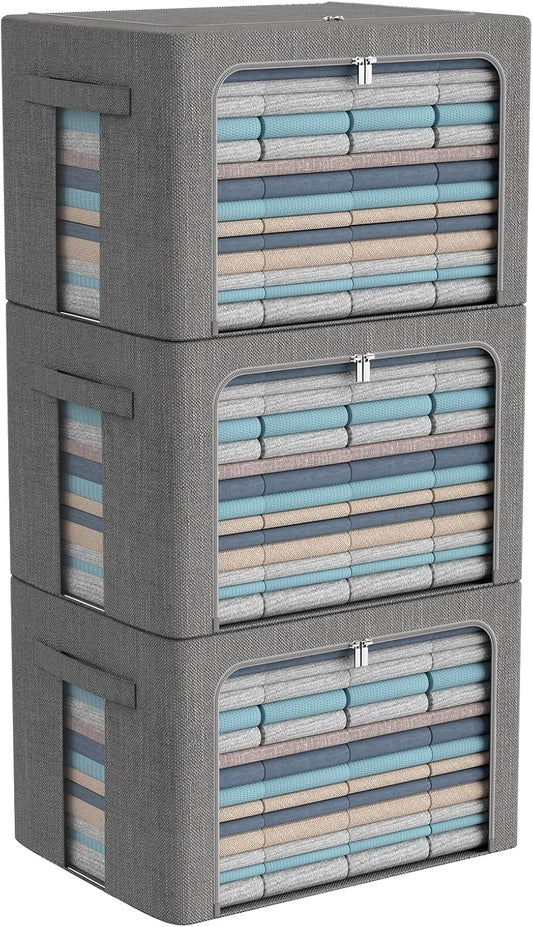 CYhom 3Pack Foldable Storage Bins - Frame Storage Box Linen Fabric Stackable Clothes Container Organizer with Clear Window & Carry Handles Large Capacity (Large-66L, Dark Gray)