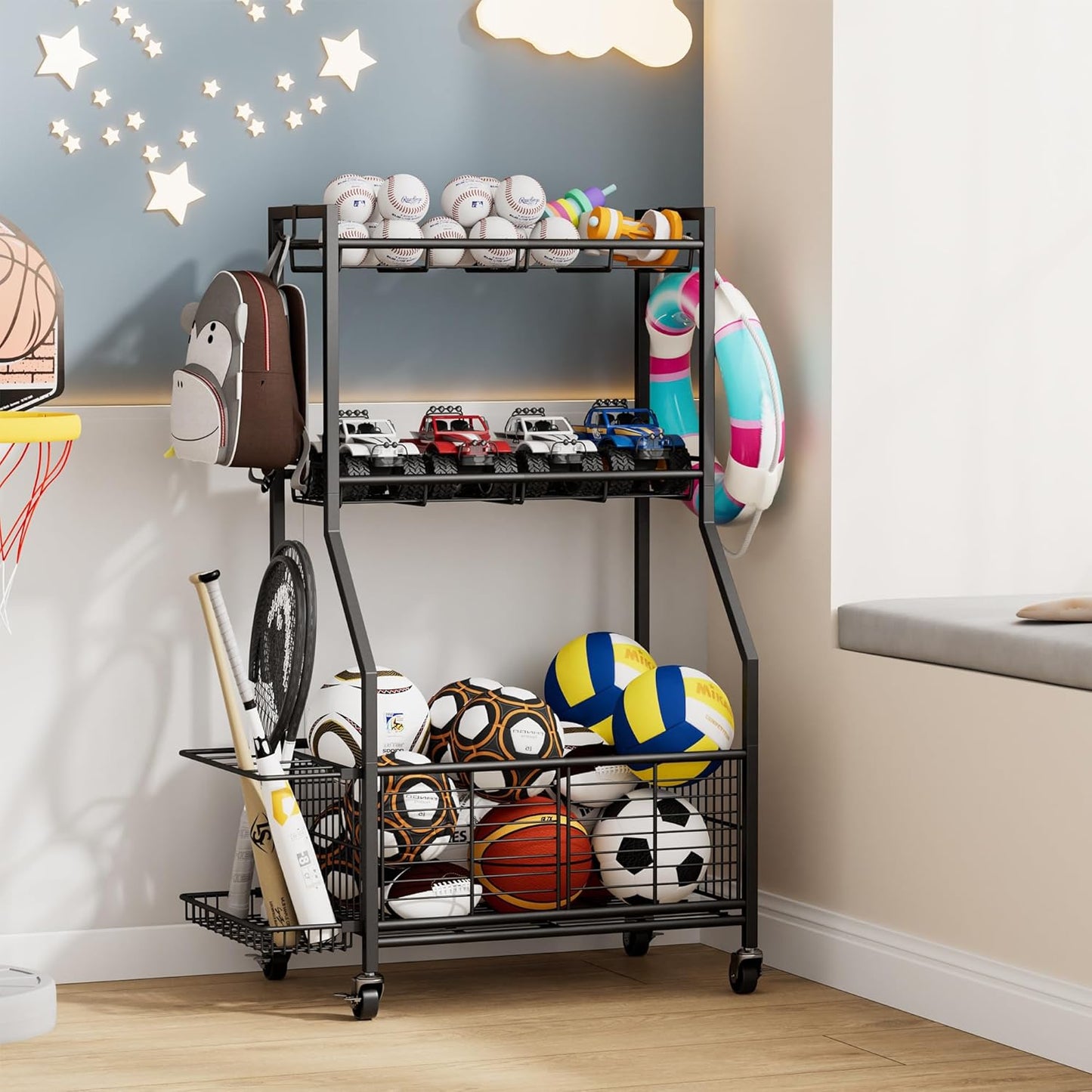 Sports Equipment & Toy Storage Rack with Wheels, 3-Tier Ball Organizer for Balls, Rackets & Sports Gear, Large Capacity with Racket Slots & Hooks, for Garage, Home Gym or Backyard – 23" W