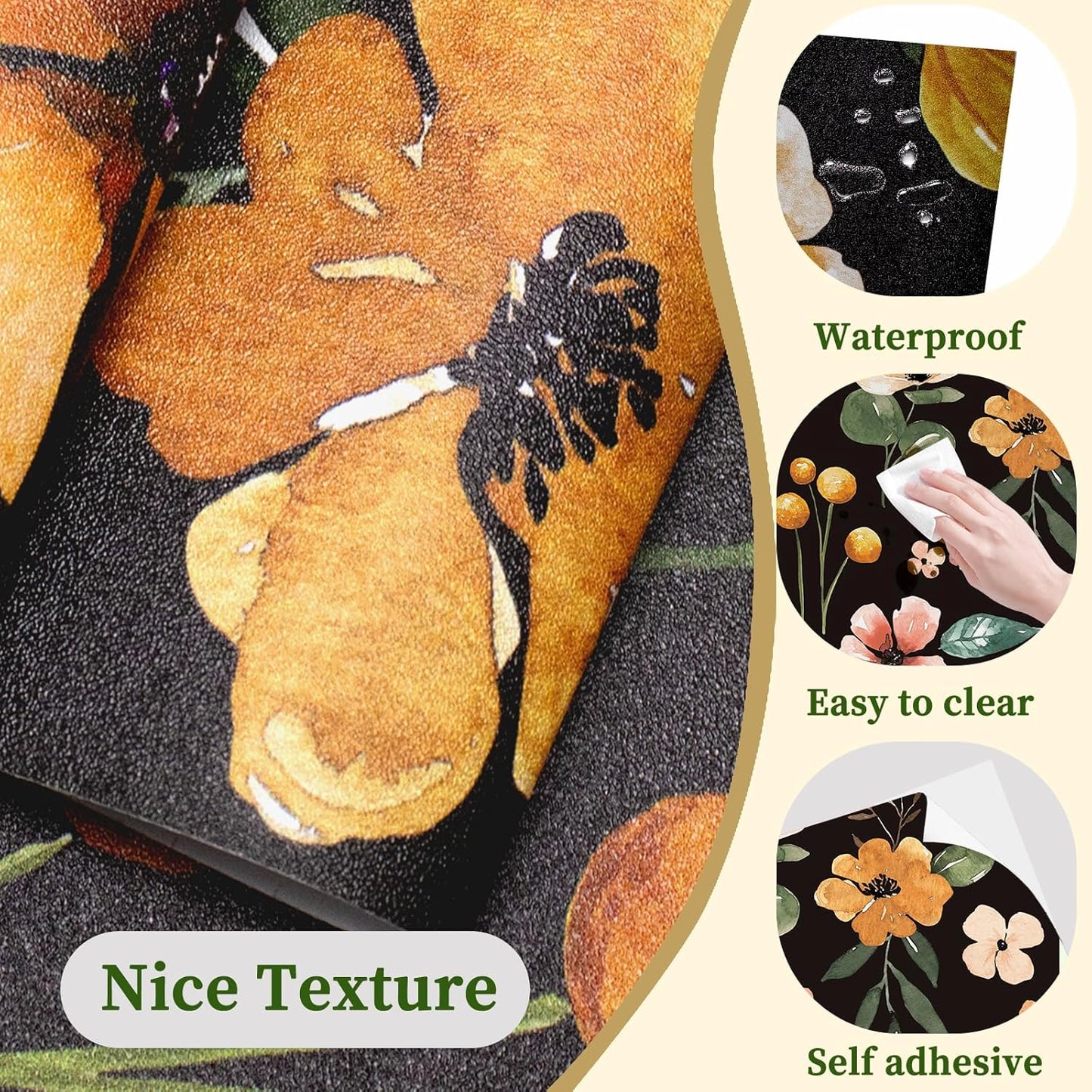 HAOKHOME Shelf Liner and Cabinet Liner Floral, Self-Adhesive Drawer Liners, Peel and Stick Contact Paper for Kitchen Cabinets and Cupboard, Non Slip Bathroom Drawers, Black 17.3in x 6.5ft