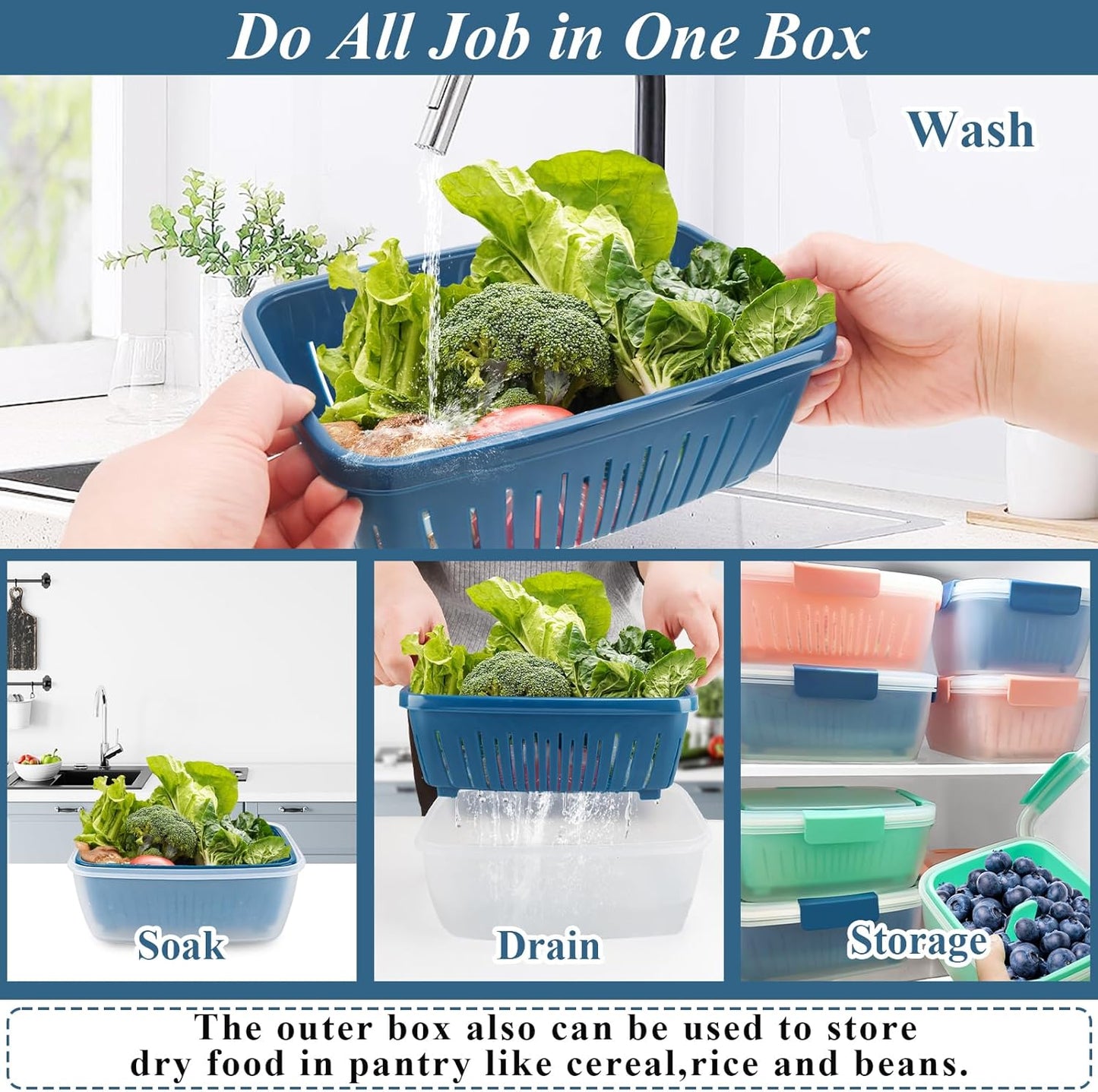 68oz Berry Keeper Fruit Storage Container for Fridge, Fresh Food Produce Saver Containers with Removable Drain Colanders, Vegetable Lettuce Keeper Bowl, Refrigerator Organizer, PRESS TO OPEN CLOSE LID