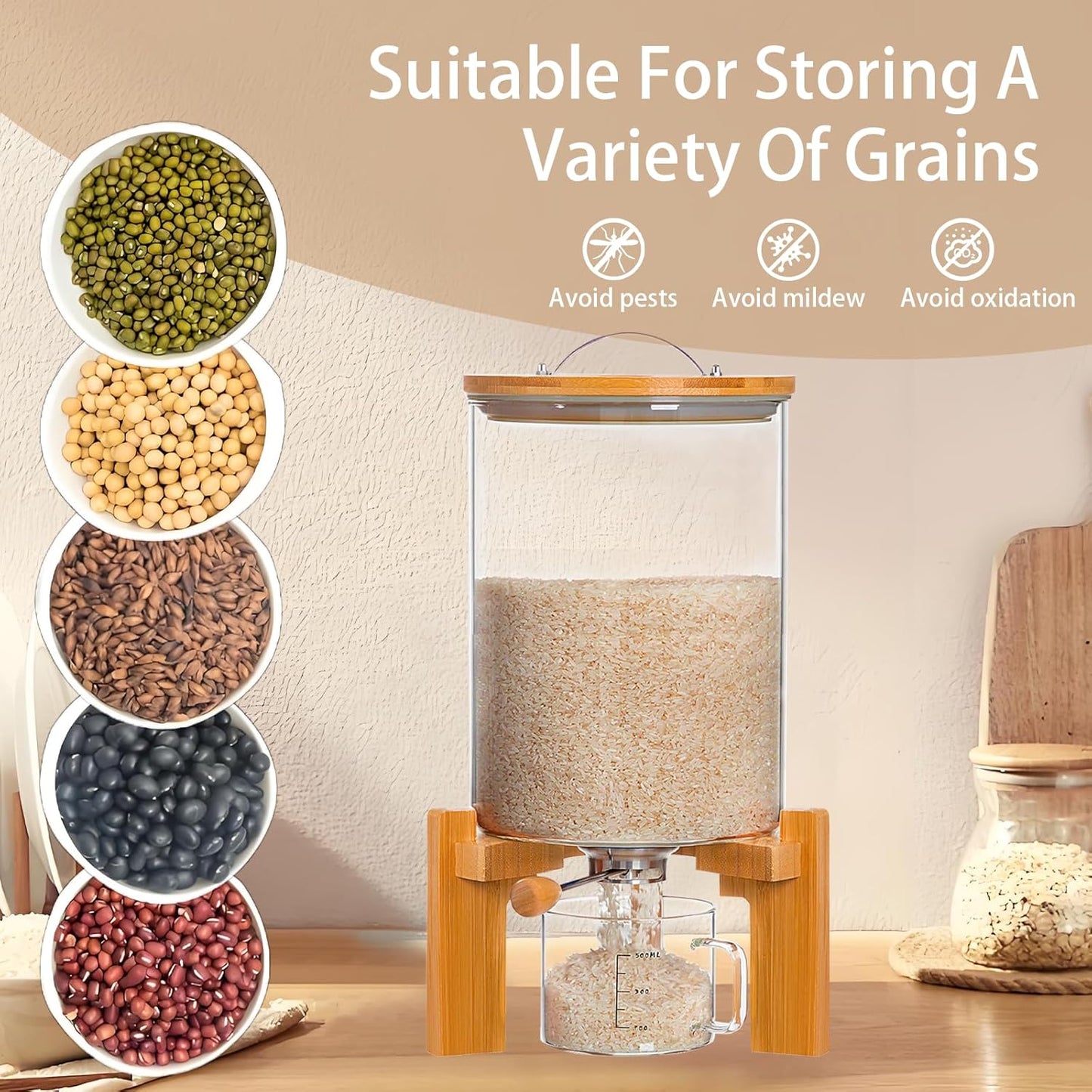 Rice Dispenser, Rice Storage Container, Flour and Cereal Container for Kitchen Organization and Pantry Store, Glass Cereal dispenser with Airtight Lid and Wooden Stand 8L