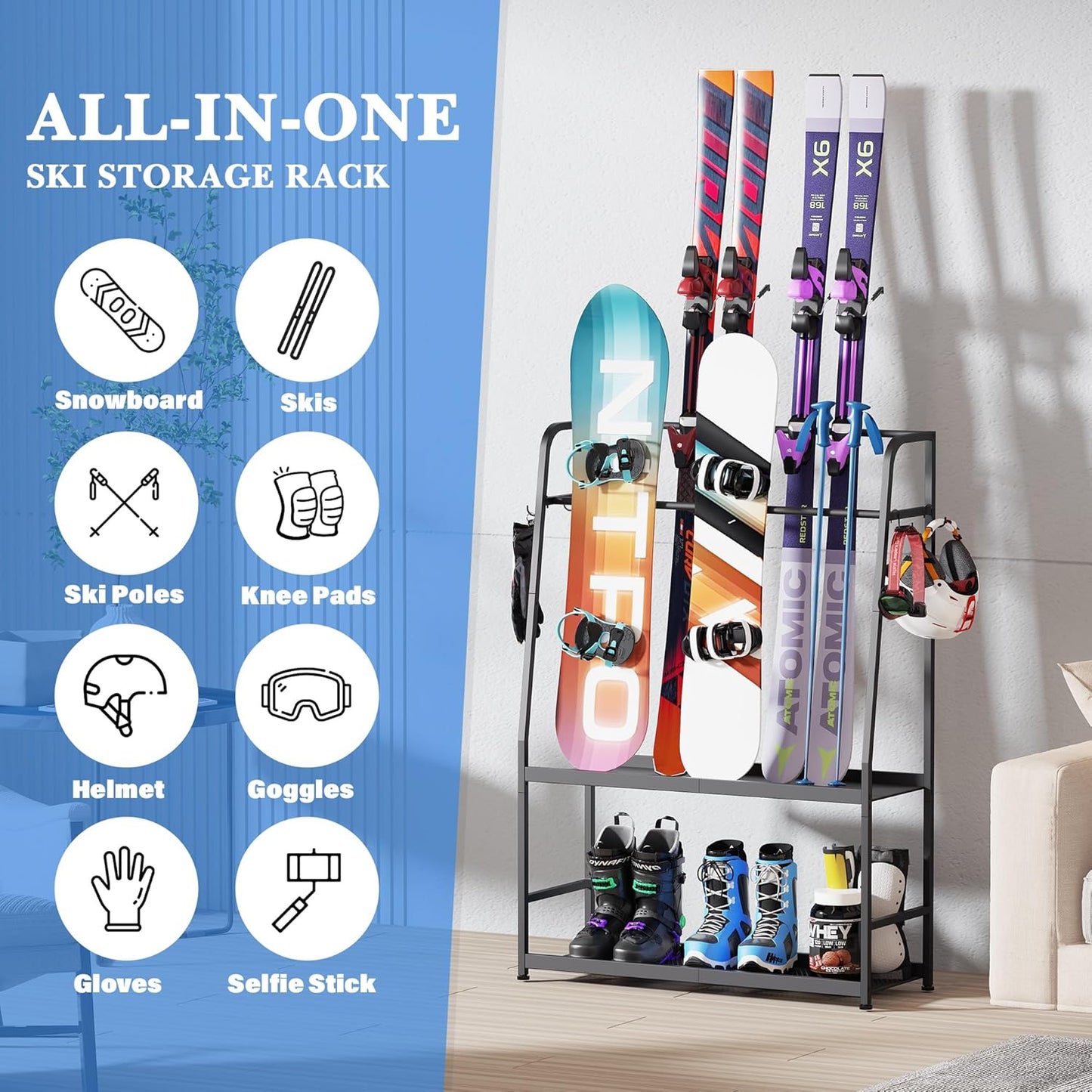 Ski Rack for Garage,Freestanding Snowboard Rack for Ski,Snowboard, Ski Boot, Ski Poles, Goggles, Helmet and More, Heavy Duty Steel Floor Stand Ski Organizer for Garage Basement