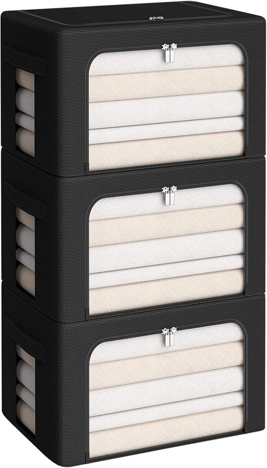 CYhom 3Pack Frame Storage Box - Clothes Storage Bin Bags Oxford Fabric Foldable Stackable Container Organizer Set with Clear Window & Carry Handles (Black, X-Small-36L)