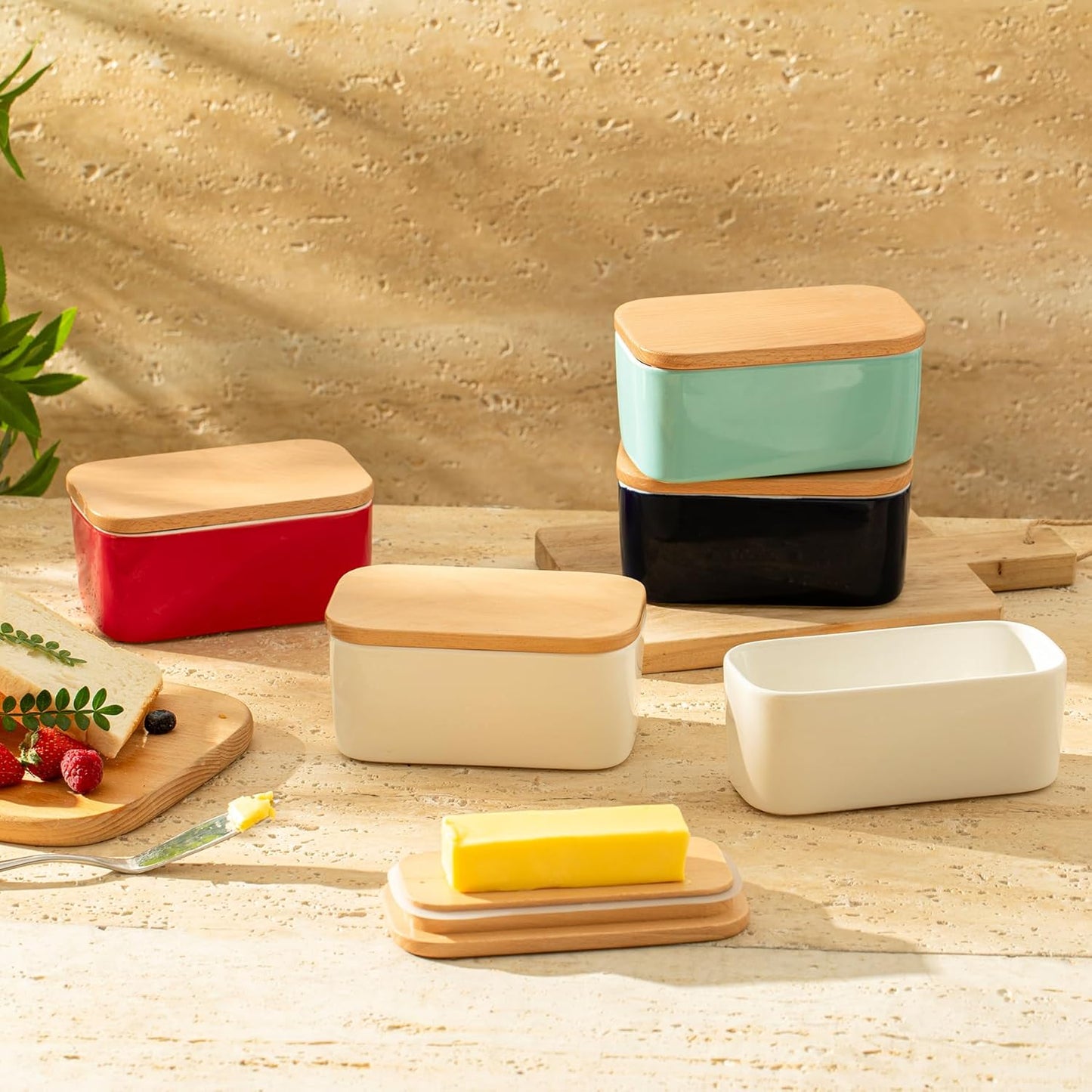 Sweese Large Butter Dish with Lid for Countertop, Airtight Butter Keeper Holds Up to 2 Sticks of Butter, Porcelain Butter Container for Kitchen Decor and Accessories for Kitchen Gift, Red