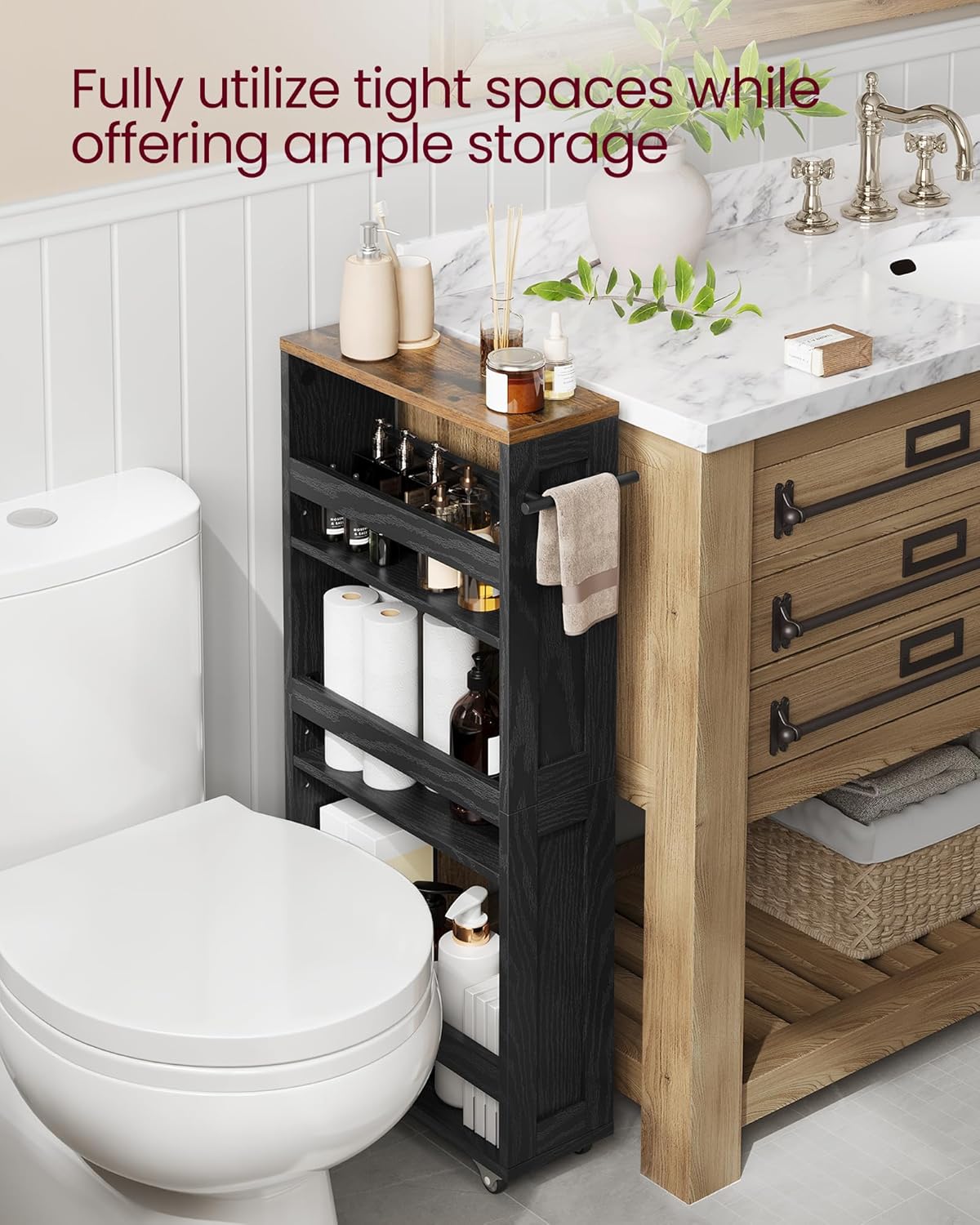 VASAGLE 4-Tier Slide-Out Storage Cart, Slim Kitchen Cart for Small Spaces, with Wheels, Handle, Bathroom, Laundry Room, 5.9 x 17 x 34.1 Inches, Ebony Black and Rustic Brown ULRC050K02