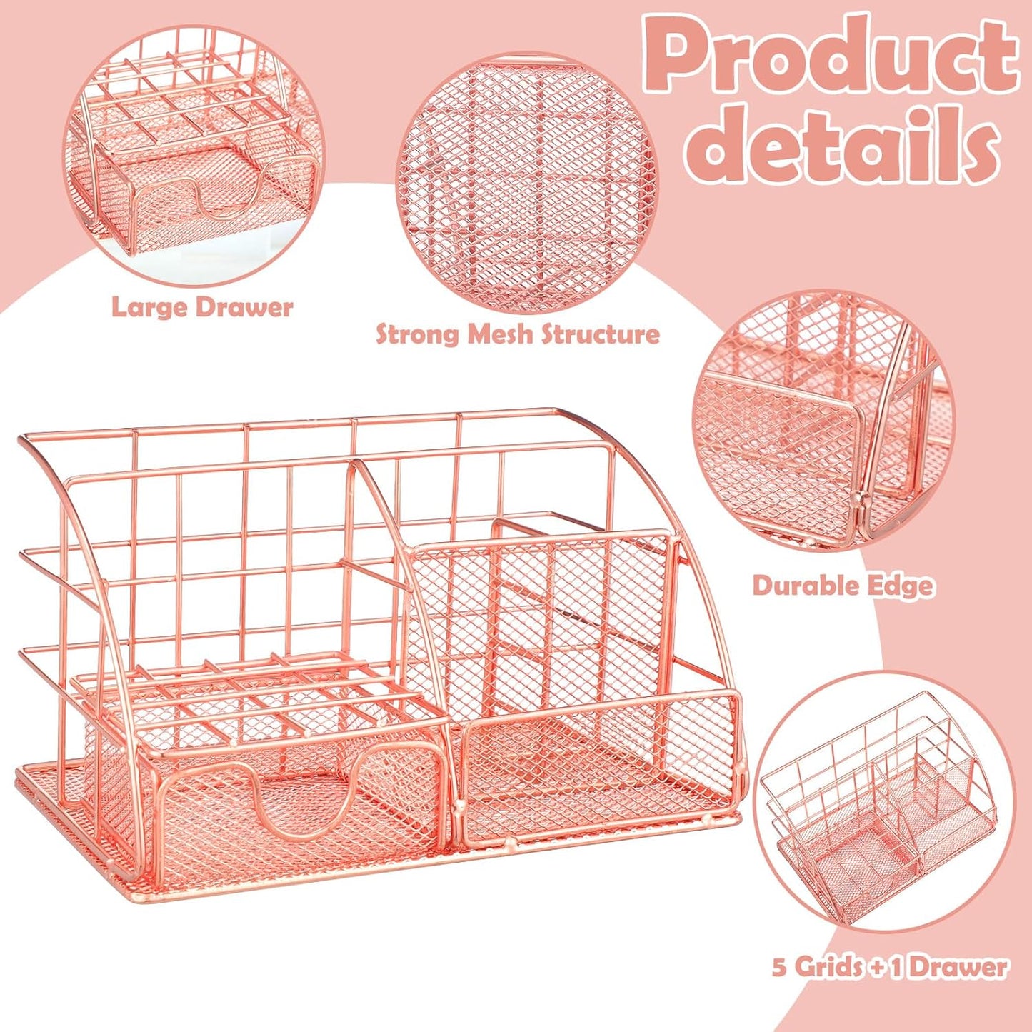 Rose Gold Office Supplies and Accessories, Rose Gold Mesh Desk Organizers with Tape Holder, Tape, Stapler, Staple Remover, 1000pcs Staples, Pen, Pen Holder, Ruler, Phone Holder, Clips, Scissor