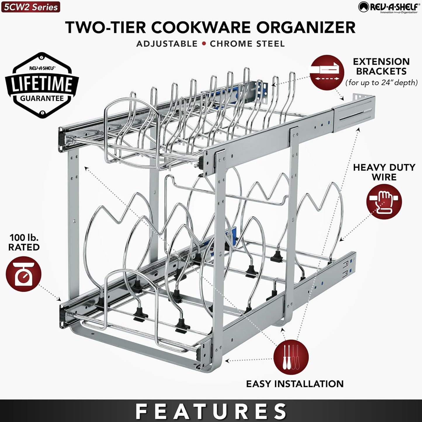 Rev-A-Shelf 2-Tier Kitchen Cabinet Pullout 11.75" Cabinet Organizer for Pots, Pans, and Lid Cookware, Adjustable Heavy Duty Wire, Chrome, 5CW2-1222-CR