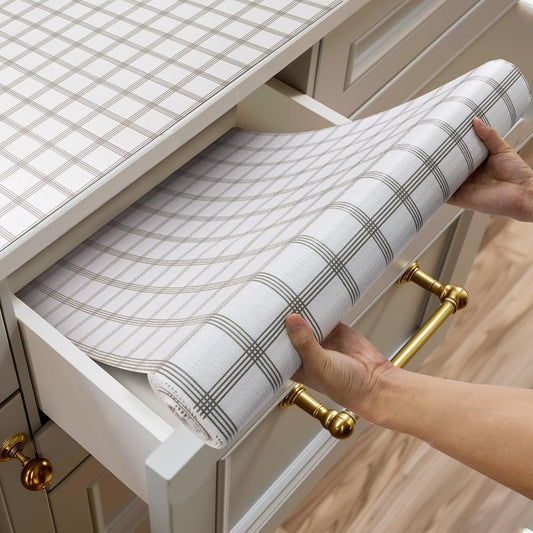Shelf and Drawer Liner for Kitchen Cabinets Non-Adhesive, Strong Grip Non-Slip Thickened Cabinet Liners for Shelves, Waterproof Mats for Dresser Cupboard, White Square, 17 in x 30 Feet