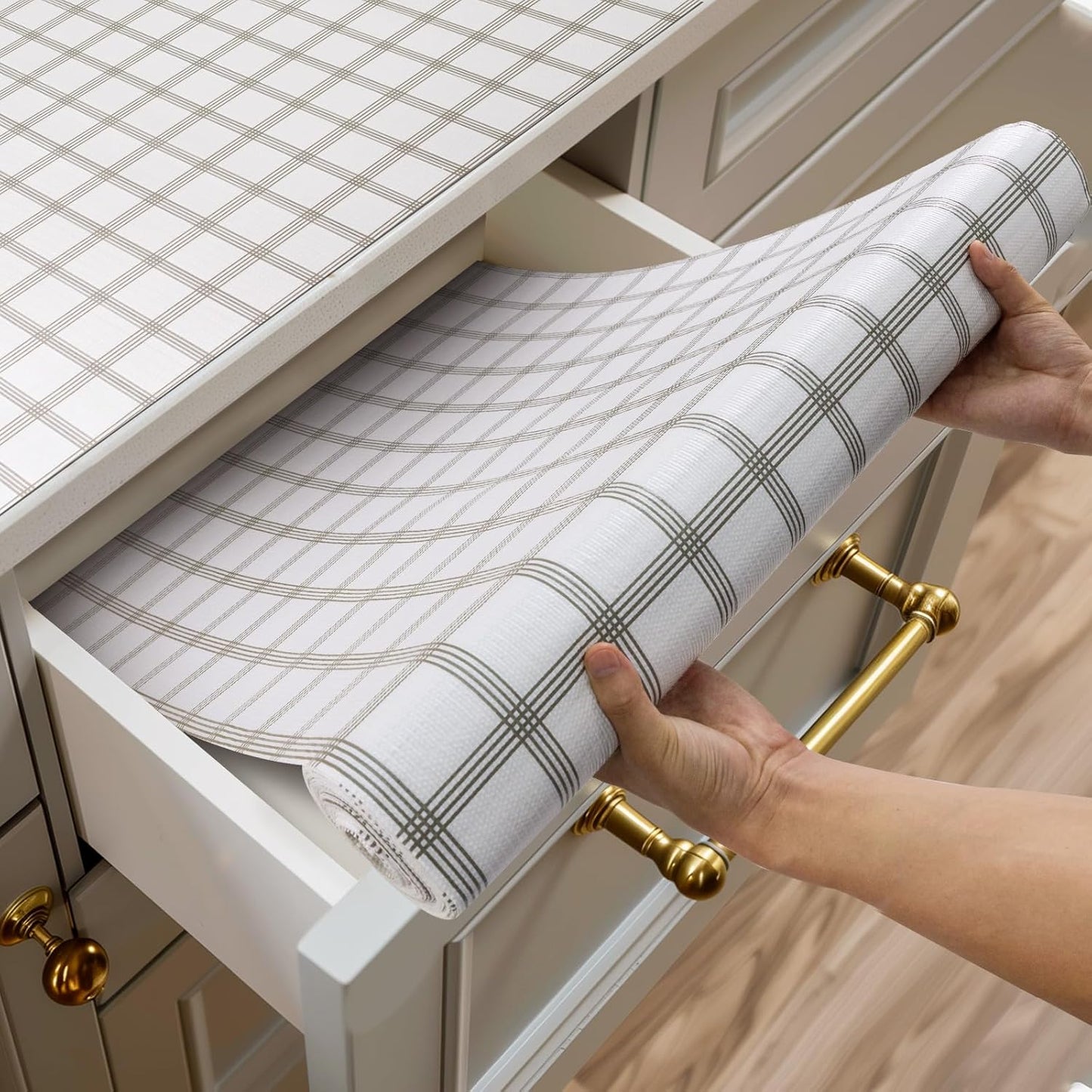 Shelf and Drawer Liner for Kitchen Cabinets Non-Adhesive, Strong Grip Non-Slip Thickened Cabinet Liners for Shelves, Waterproof Mats for Dresser Cupboard, White Square, 23 in x 10 Feet