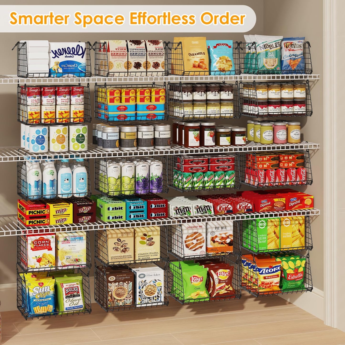 3-Pack Under Shelf Hanging Baskets - Space Saving Pantry Shelf Organizer with 360° Rotating Hooks for Kitchen Storage, Foldable Small Space Solutions for Pantry Organization, Black