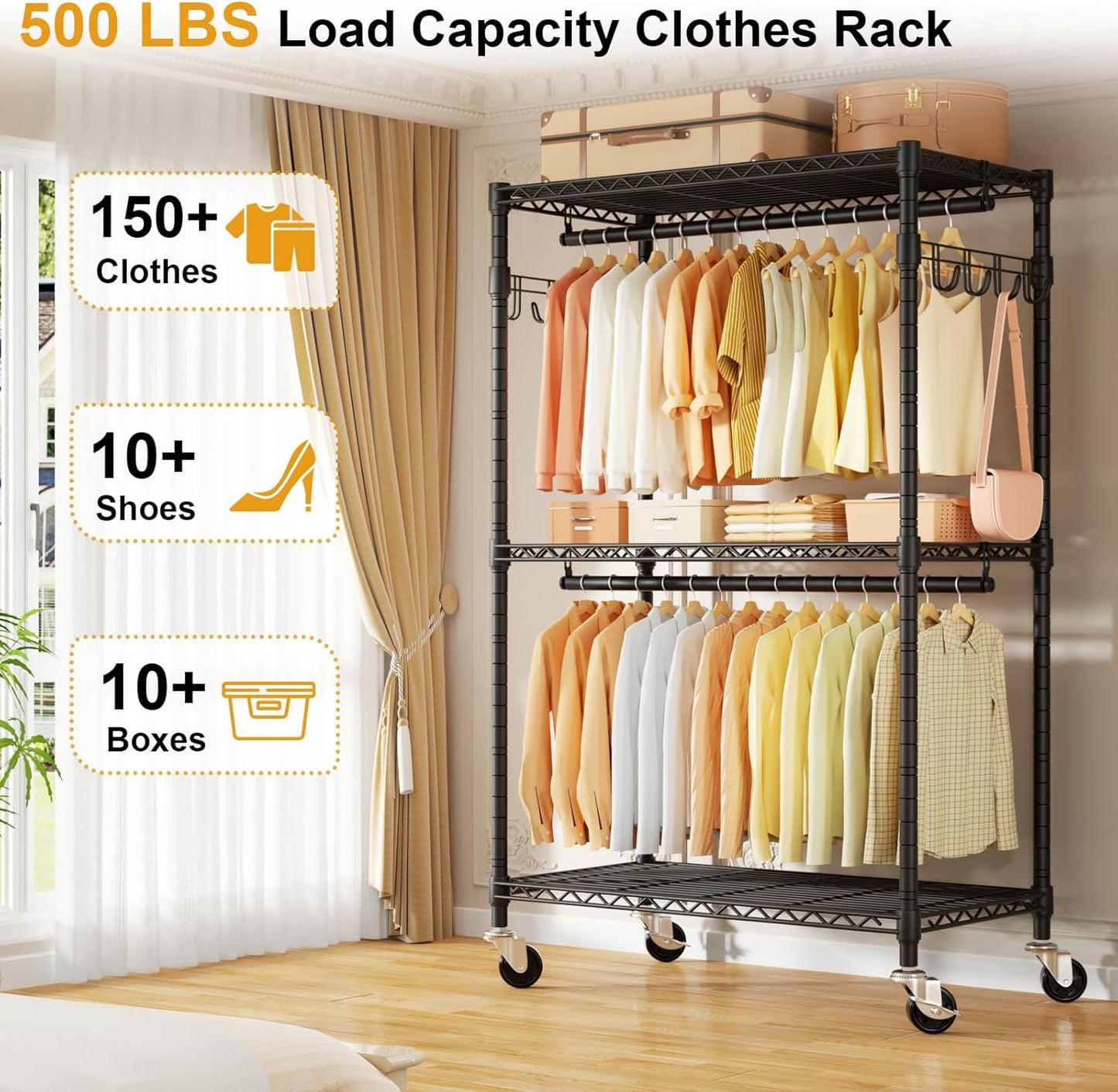 P1 Rolling Clothes Rack, Portable Wardrobe Closet with Wheels, Heavy-Duty Closet Clothing Rack for Hanging Clothes, 35.5" W x 15.7" D x 80.5" H, Hold 500lbs, Black
