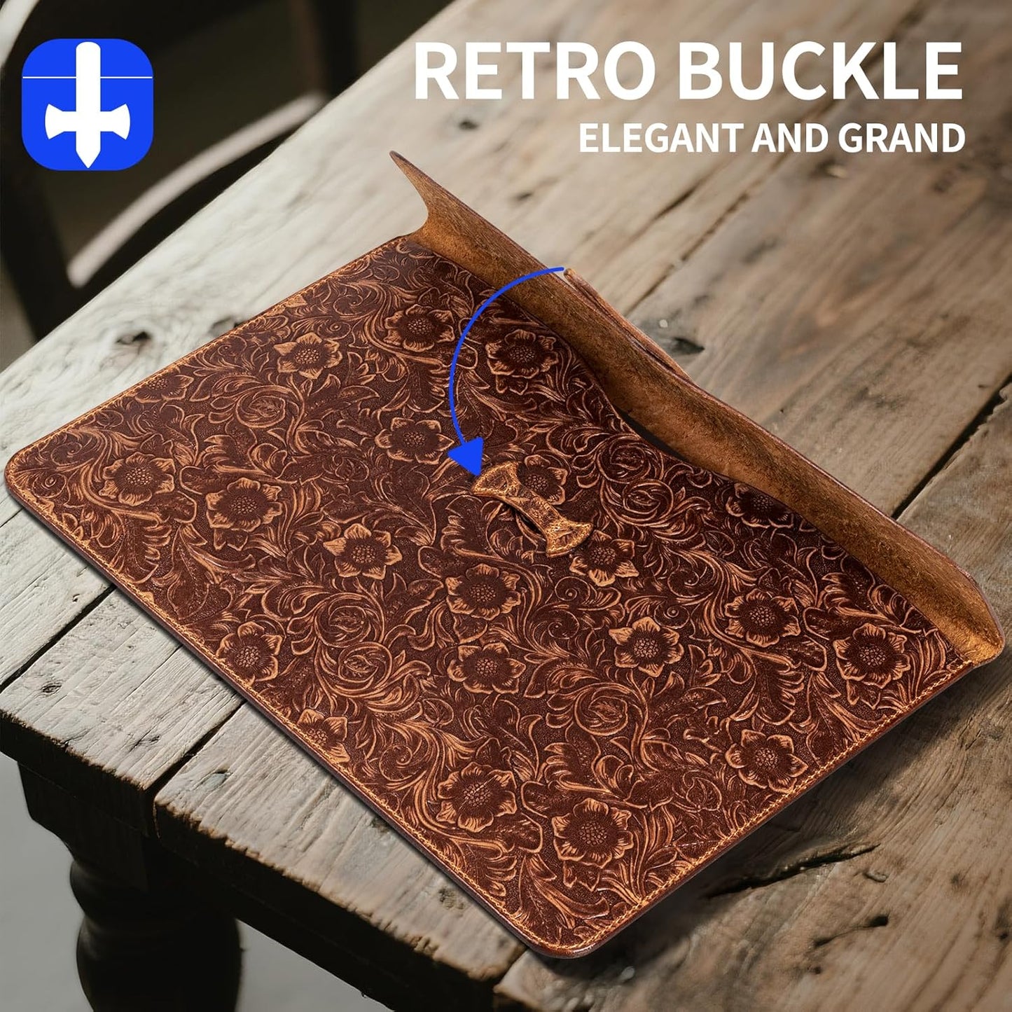 Genuine Leather Laptop Sleeve,Compatible with MacBook Pro 13 Inch M2 M1(2025-2016)＆MacBook Air 13 Inch M4 M3 M2 M1(2025-2018),Vintage Protective Computer Case with Floral Pattern,Buckle Brown