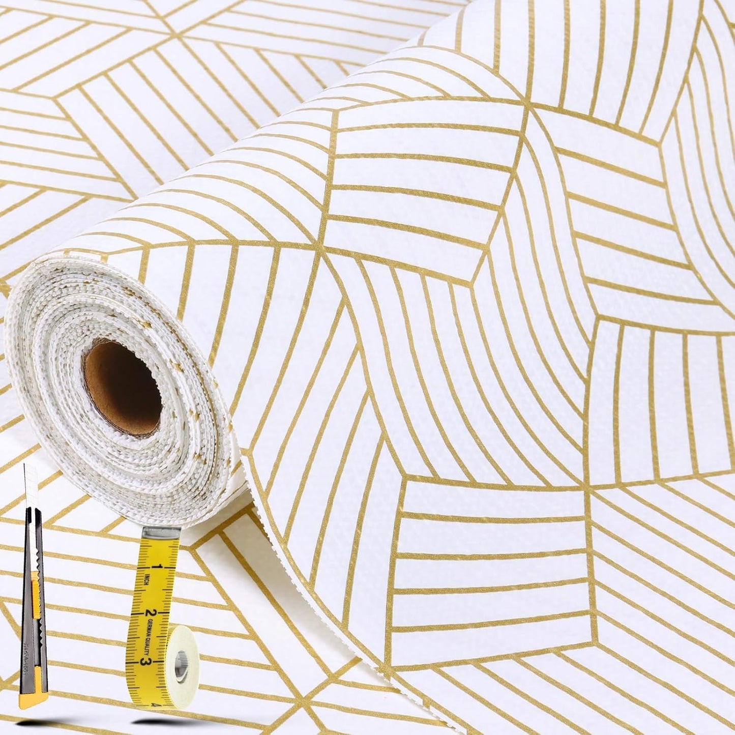Shelf Liners for Kitchen Cabinets 12in x 30FT, Non Adhesive Cabinet Liner Strong Non-Slip Thickened Gold Geometric Drawer Liner, Easy to Clean for Shelf, Cabinet with Knife and Tape Measure