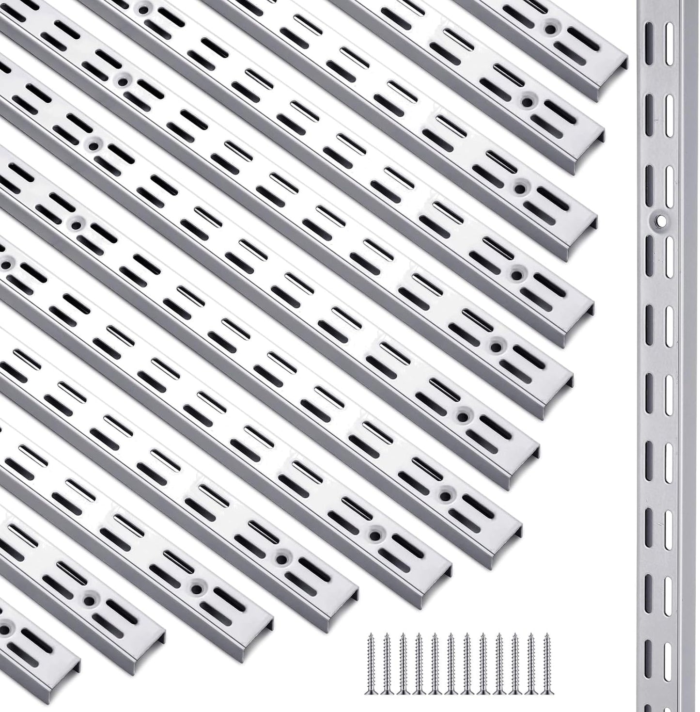 12 Pack 47 Inch Dual Track Upright Wall Shelving System Shelf Bracket Twin Slot Shelf Rail Twin Track Upright Heavy Duty Support System for Pantries, Linen Closets, Laundry Rooms (Silver)