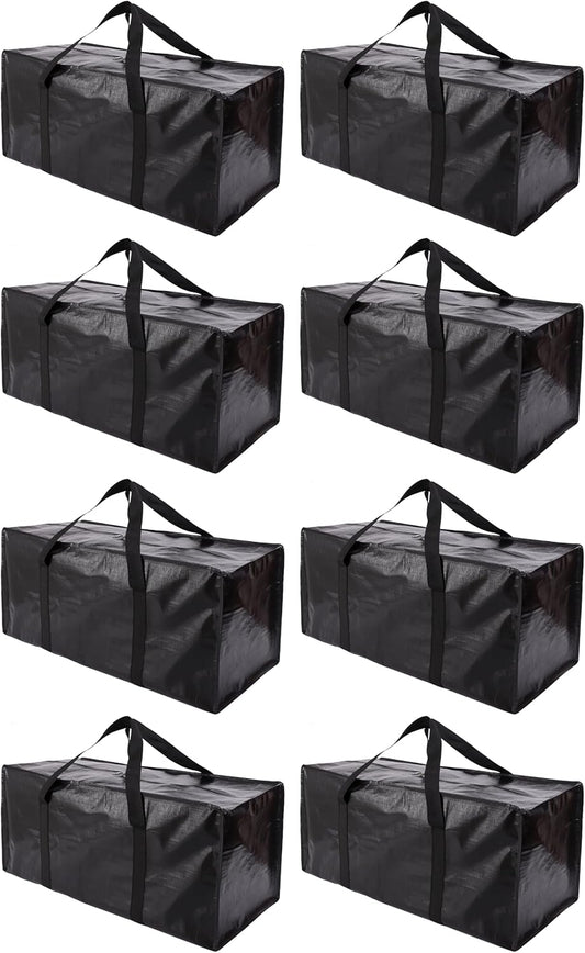 Extra Large Moving Bags with Zippers & Carrying Handles, Heavy-Duty Storage Tote for Space Saving Moving Storage, Fold Flat, Alternative to Box and Bin - 8 Pack, Black