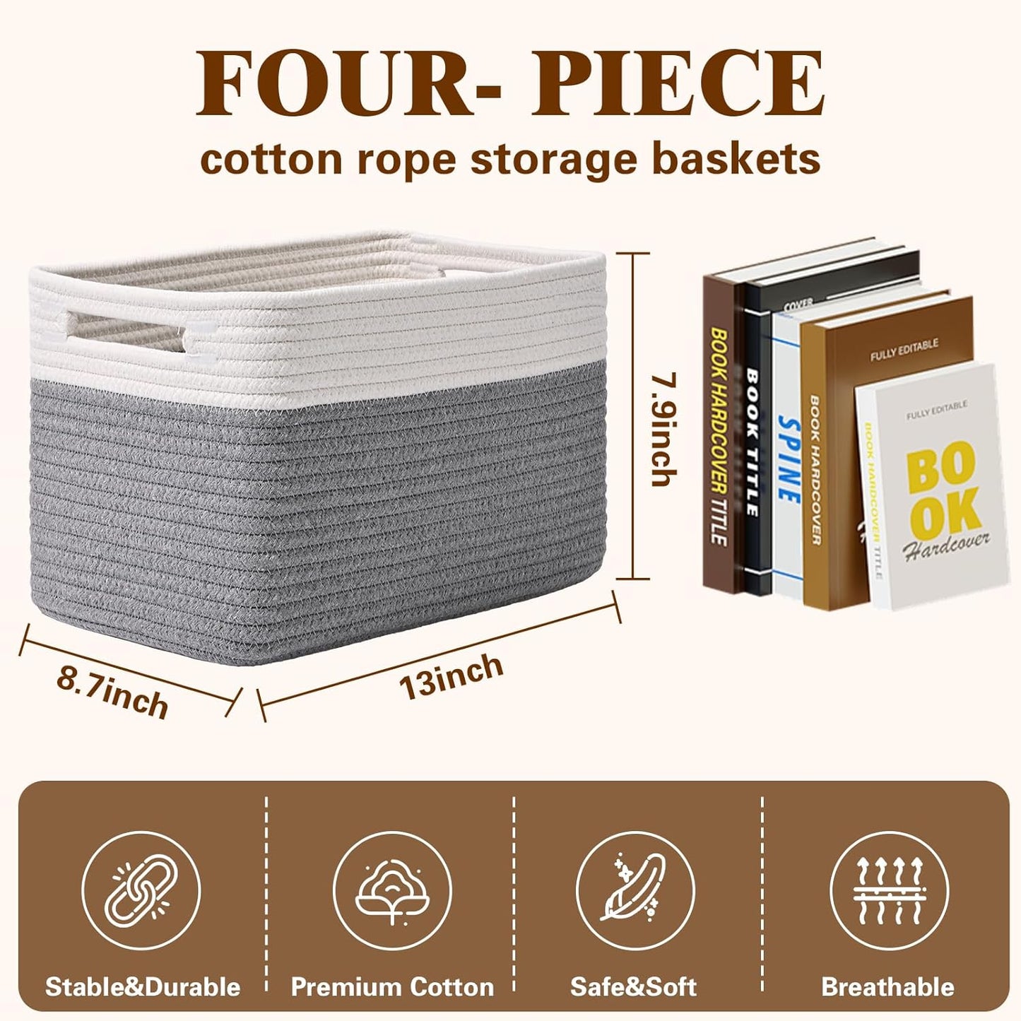 Storage Baskets for Organizing, 4 Pack Storage Baskets for Shelves, Woven Basket for Shelves, Closet Organization, Rectangle Organizer Basket Gifts Empty, 13"Lx8.7"Wx7.9"H Decorative Bins with Handles