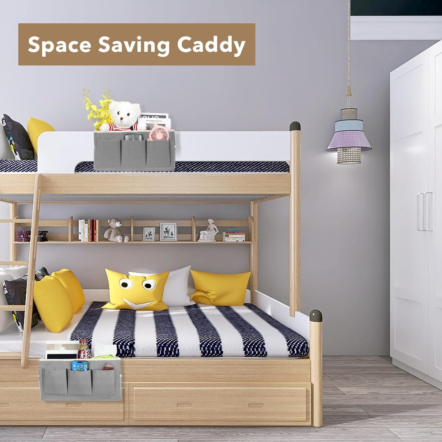 Beside Caddy Storage Organizer, Hanging Bag Holder with Pockets for Bedroom, Loft Bed Tent, Bed Curtain, Top Bunk bed Shelf Accessories Bedside Caddy 3-pocket (Gray_1pcs)