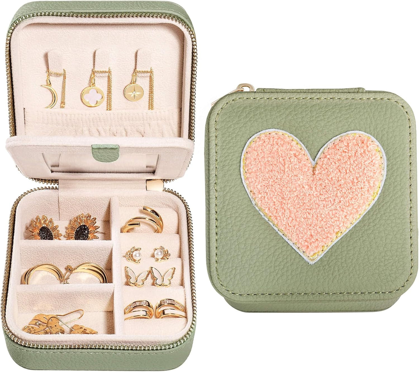 S.Leaf Travel Jewelry Organizer Boxes for Women Small Portable Necklace Earrings Bracelet Rings Travel Case Best Friend Birthday Gifts for Women Trendy (03_Lychee_Heart)