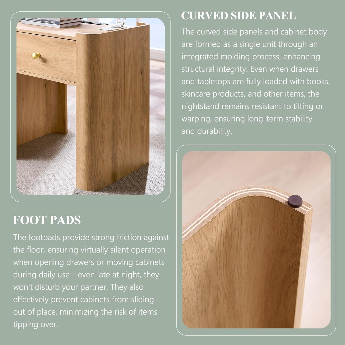 23.6" Tall Modern Nightstand with Charging Station, 22" Wide Curved Bedside Table with 1 Storage Drawer, Wooden Night Stand, Large End Table for Bedroom, Living Room, Natural