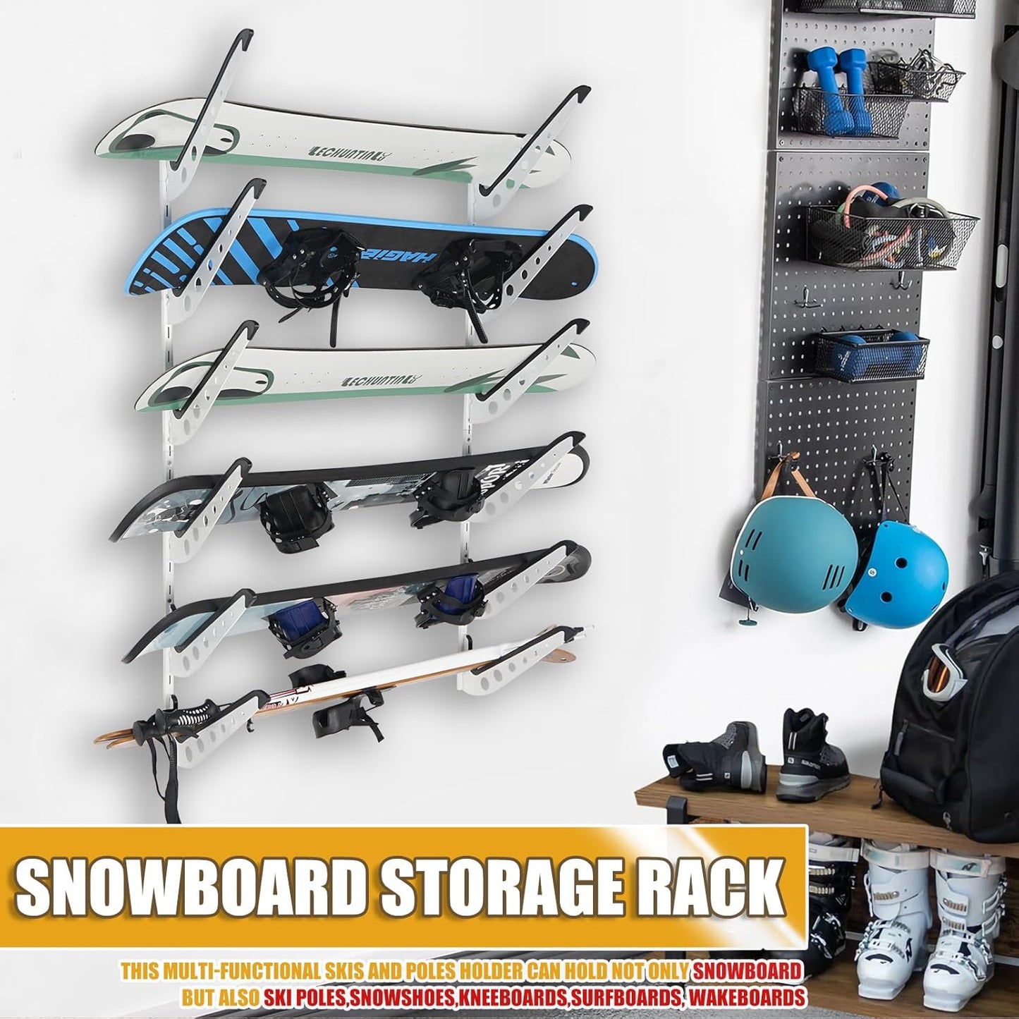 Snowboard Wall Racks, Adjustable Storage Rack for Ski, Surfboard, Wakeboard, Snowboard Wall Mount Display, White/Black