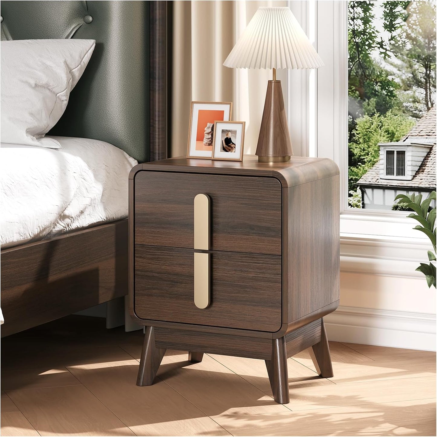 Nightstands Set of 2, Mid Century Modern Nightstand with Drawers, Bedside Tables with Solid Wood Legs, End Side Tables for Bedroom, Small Space,Walnut