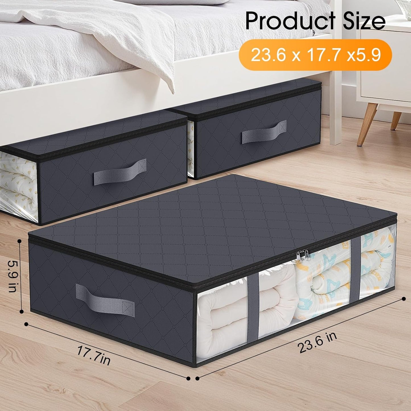 StorageRight Under Bed Storage Bins, 8-Pack 40L Foldable Fabric Storage Bags with Transparent Window, Breathable Organizer for Clothes/Blanket/Comforter/Quilt, Grey