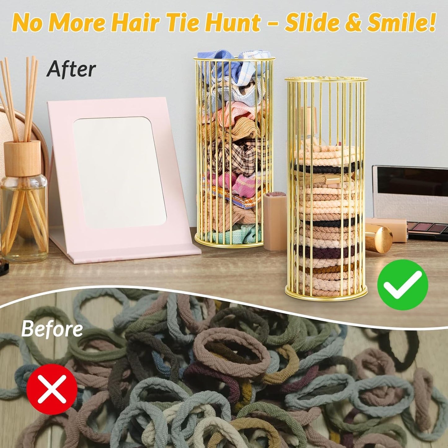 Gold Metal Hair Ties Holder Organizer – Stylish Scrunchie Stand with Side Opening for Easy Access – Countertop Hair Elastics Storage for Women & Girls, Set of 2 (Large & Small)