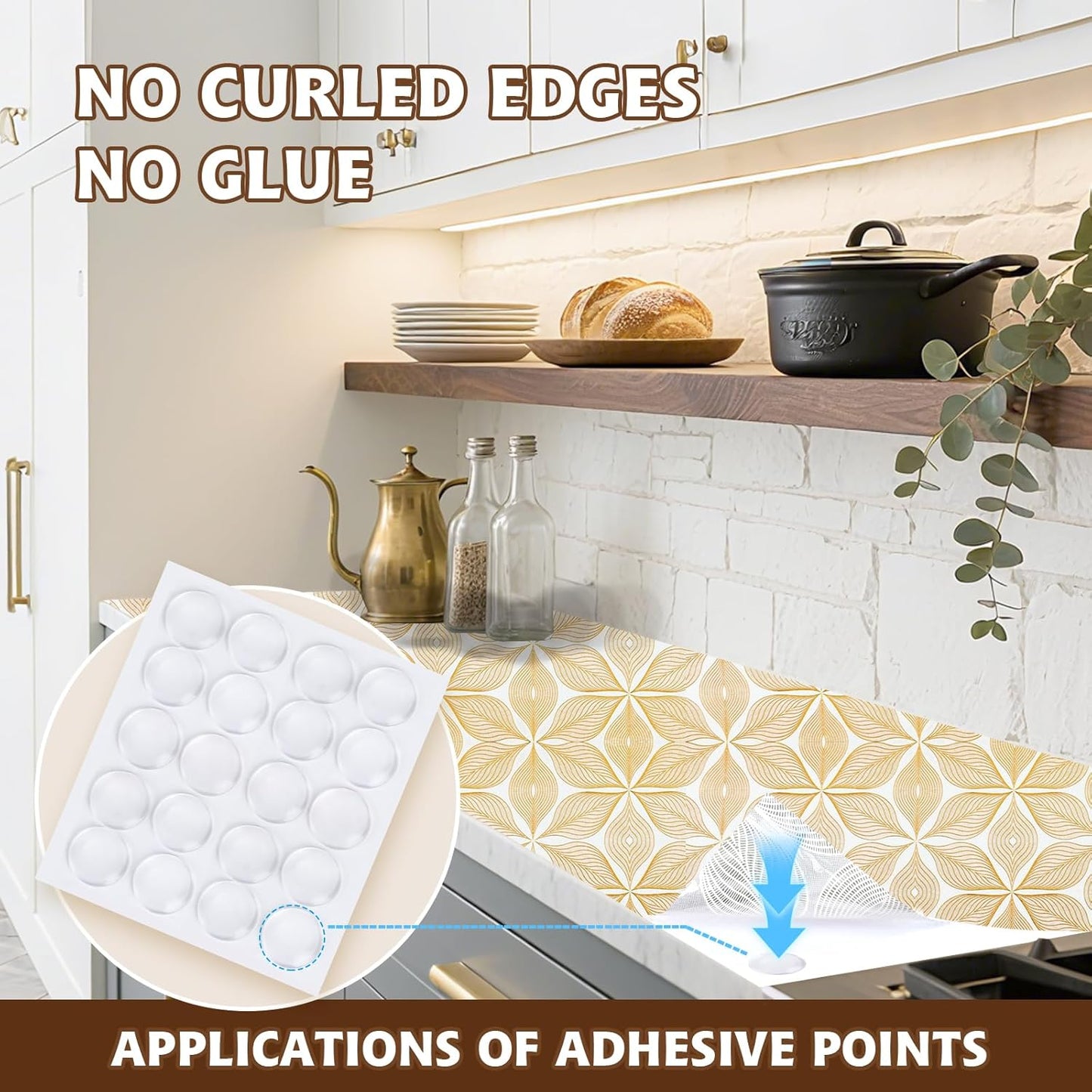 Drawer and Shelf Liner for Kitchen Cabinet,Non-Adhesive Waterproof Drawer Liner for Dresser & Bathroom Vanities with Adhesive Dots & Cutting Tool(24 in X 20 Ft Gold Leaf Pattern)