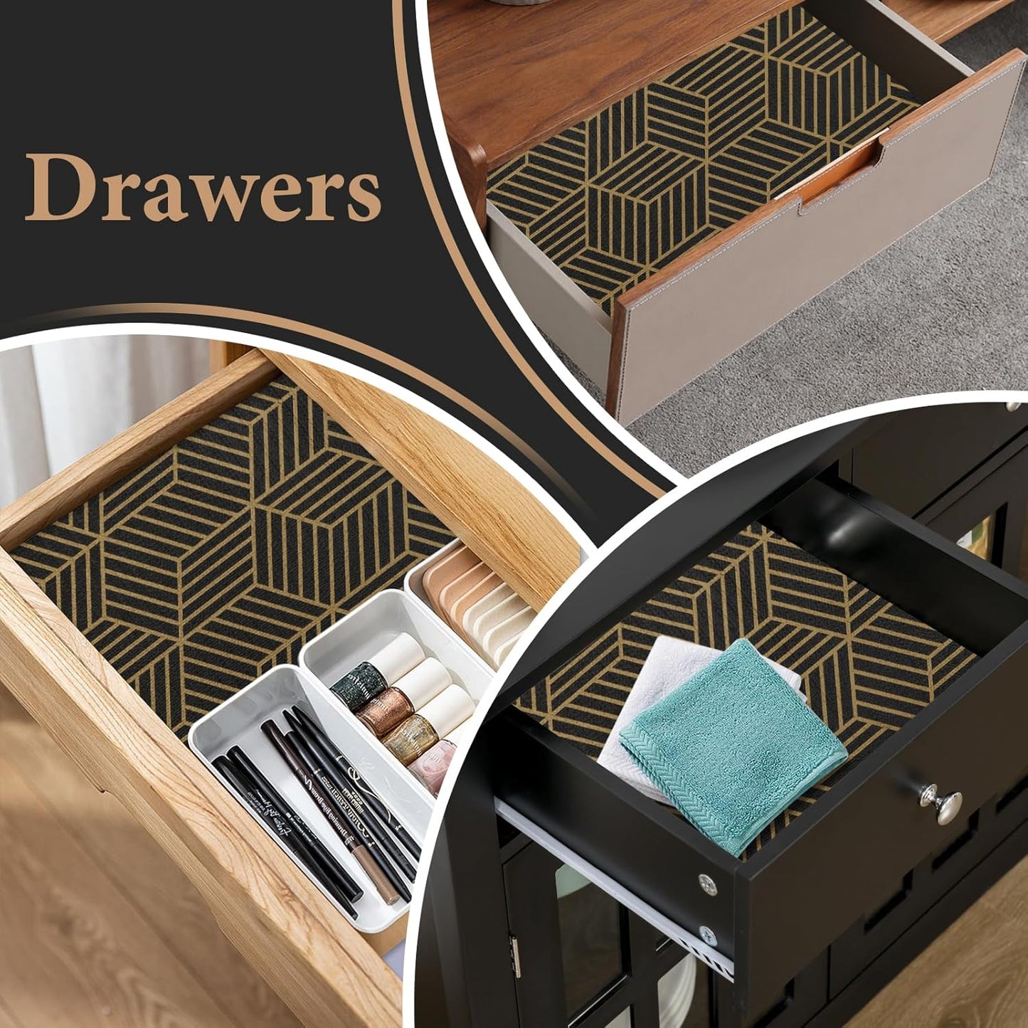 Shelf Liners for Kitchen Cabinets 17in x 20FT, Non Adhesive Cabinet Liner Strong Non-Slip Black Gold Geometric Drawer Liner, Easy to Clean for Shelf, Cabinet with Knife and Tape Measure