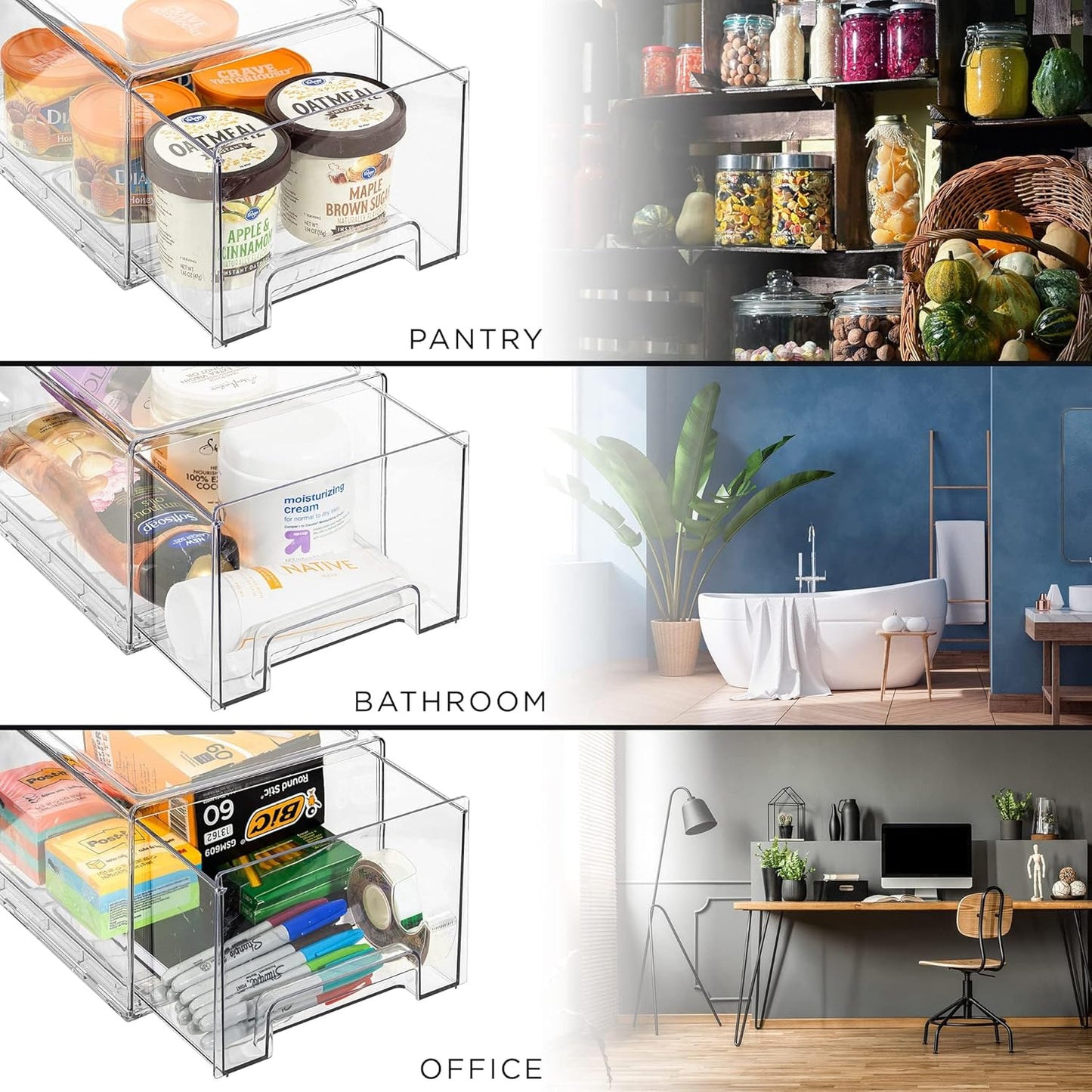 Sorbus Plastic Storage Bins Stackable Clear Pantry Organizer Box Bin for Organizing Kitchen Fridge, Food, Snack Pantry, Fruit, Vegetables, Bathroom, Wide & Narrow Deep (6 Pack)