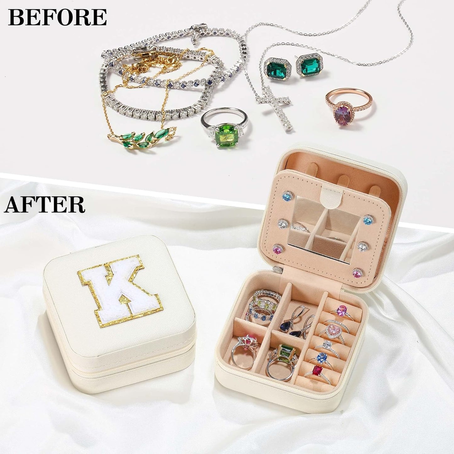Parima Christmas Stocking Stuffers Gift for Teenage Girls Women, Travel Gifts, Small Gifts, Cute Travel Jewelry Cases Small Jewelry Box | Letter K, White