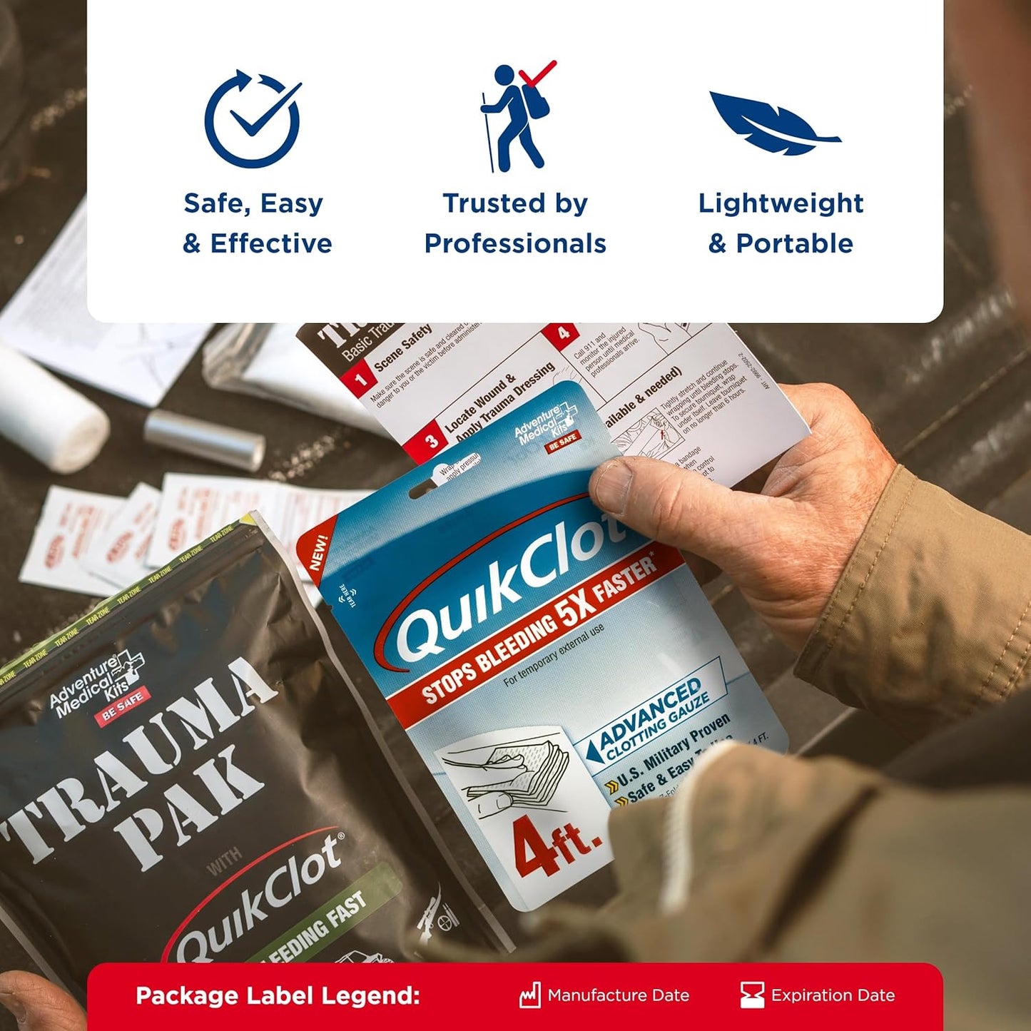 Adventure Medical Kits QuikClot Gauze - Flexible Hemostatic Medical Gauze for Emergency Survival or Disaster Preparedness Kits & More - Stops Bleeding Fast with Kaolin - 3" x 24" (2 Strips)