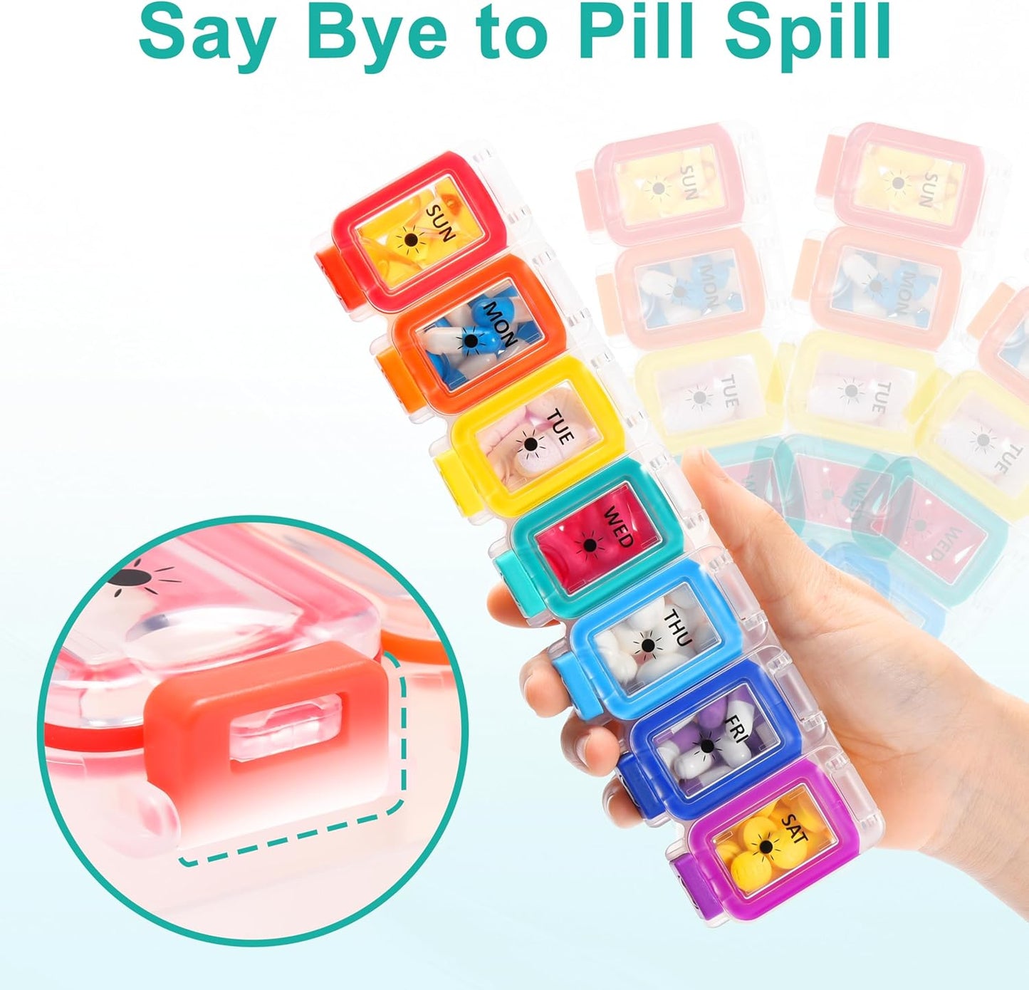 Fullicon Moisture Proof Pill Organizer 2 Times a Day, Large Pill Box 7 Day, Spill Proof Pill Case, Travel Pill Container, Medicine Pill Organizer with Secure Lids, Daily Pill Organizer (Rainbow Clear)