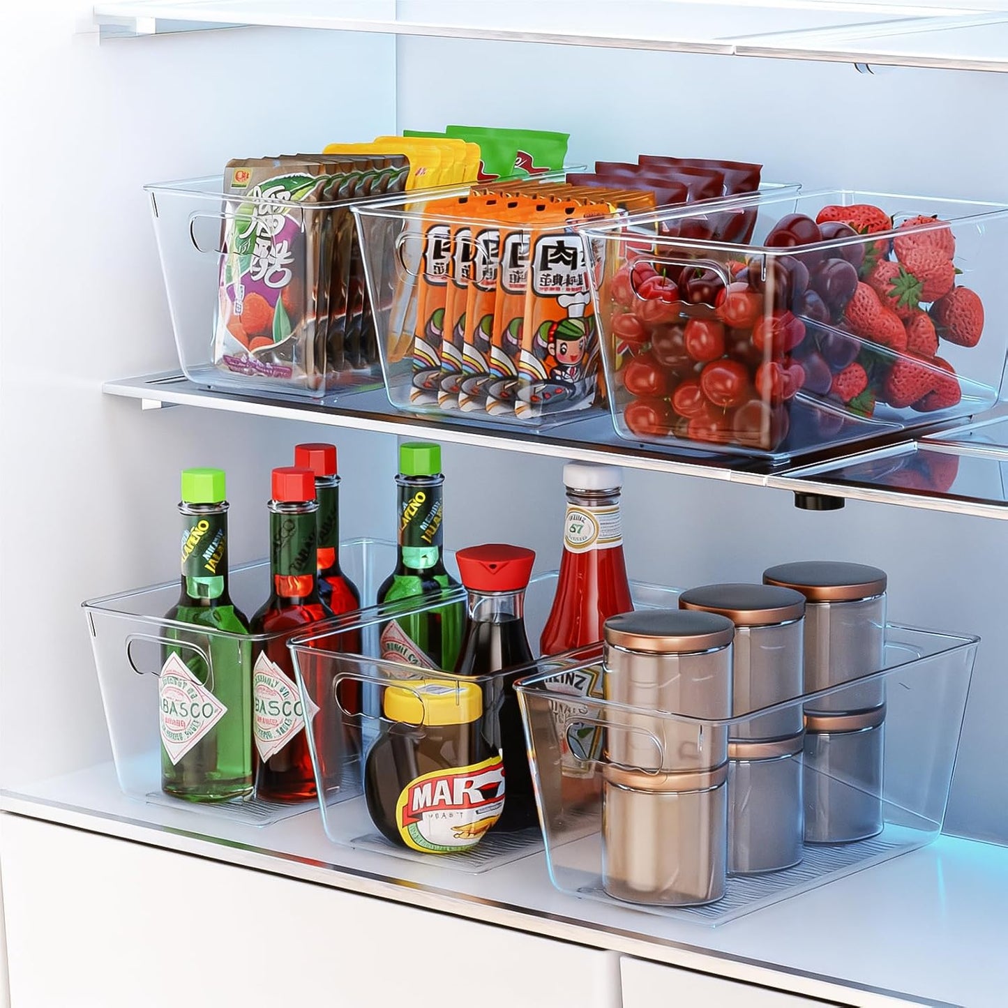 6 Pack Clear Pantry Organizer Bins, Fridge Organiser Set, Plastic Containers with Handle,Home Organization Must Haves for Kitchen,Freezer,Cabinet,Closet,Bathroom Under Sink Storage