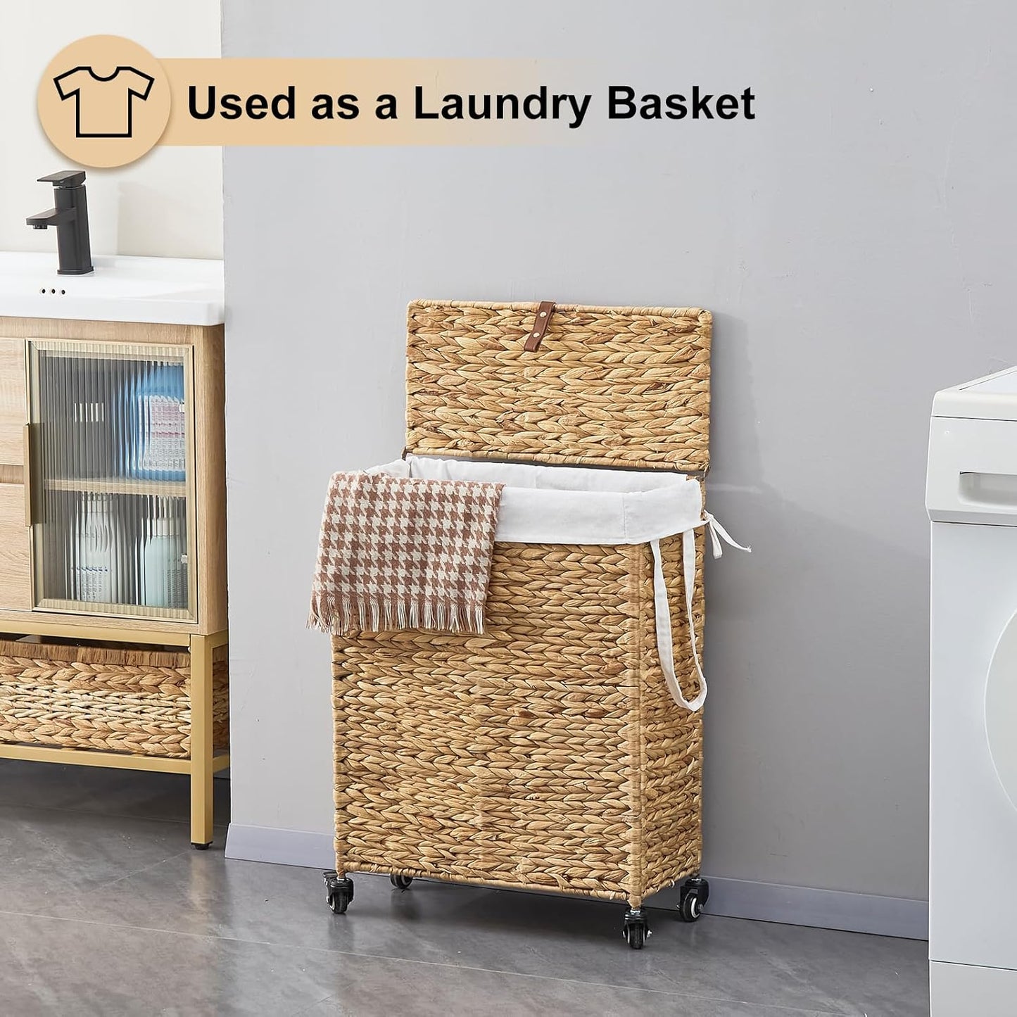 Rolling Laundry Hamper with Lid and Wheels, Slim Laundry Basket with Removable Liner Bag & 2 Mesh Bags, Handwoven Water Hyacinth Clothes Hamper for Bedroom Bathroom (Natural, 85L)