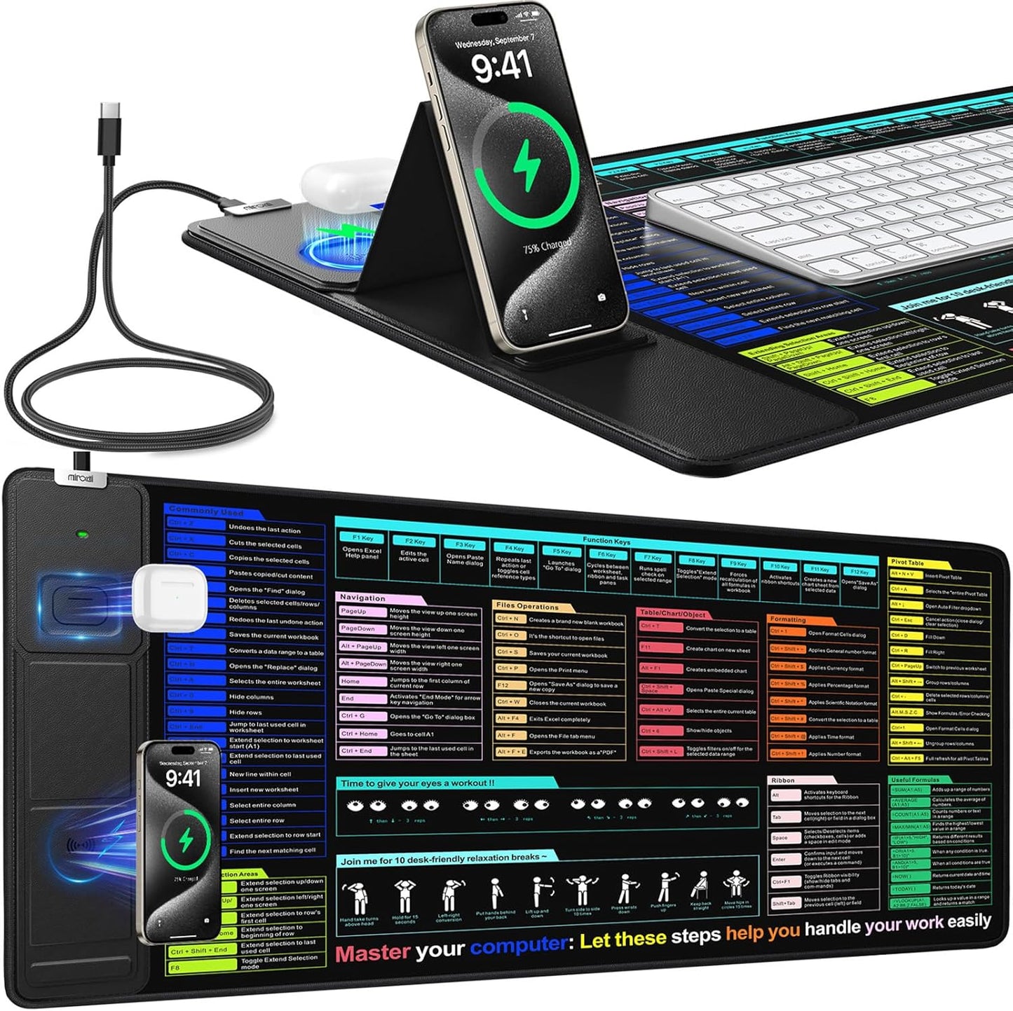 Mouse Pad for Excel/Word/PowerPoint/Windows Shortcut Keys, Desk Pad with Wireless Charger Phone Stand, XXL Large Excel Cheat Sheet Mousepad | PC Office Spreadsheet Desk Mat | Non-Slip Stitched Edge