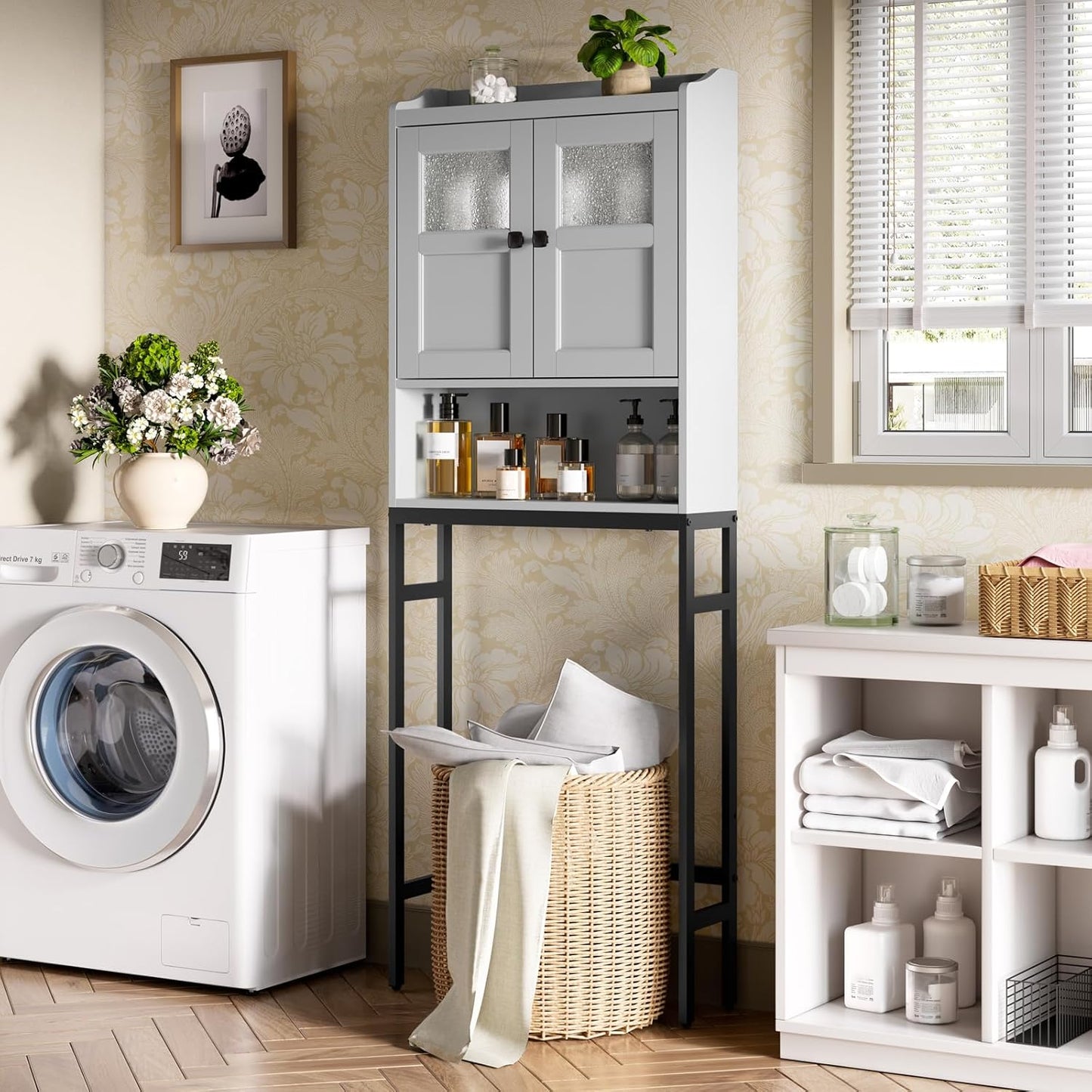 Over The Toilet Storage Cabinet, Bathroom Organizer Over Toilet with Double Doors and Soft Hinges Above Toilet Bathroom Storage Shelf Over The Toilet Storage (Gray)