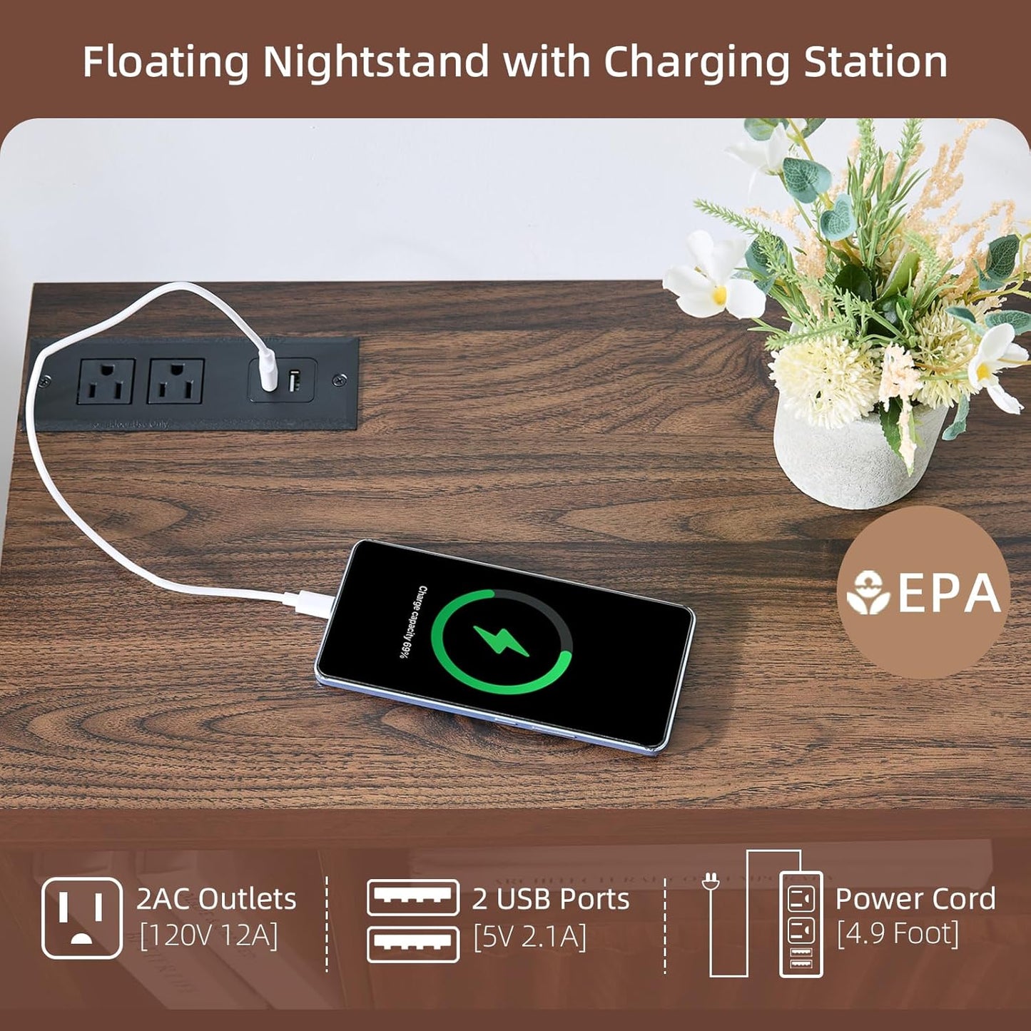 Modern Walnut Fluted Floating Nightstand with Charging Station, NightStand with Drawers, Bedside with USB Ports and Outlets, Bedroom Furniture (Left)