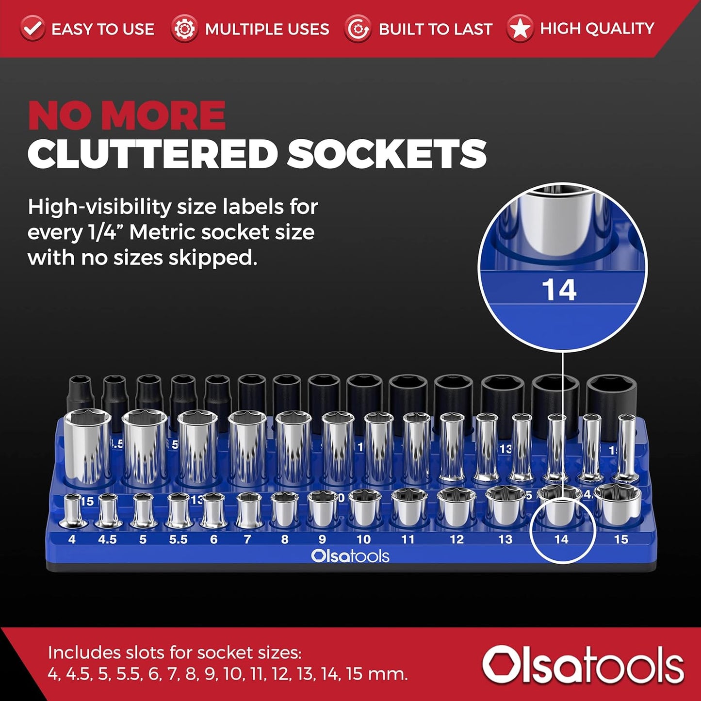 Olsa Tools Magnetic Socket Organizer (1/4-Inch Drive, 3 Row) - Magnetic Tool Organizer & Holder - Metric Blue - Holds 42 Sockets - Professional Grade - Part: 1554
