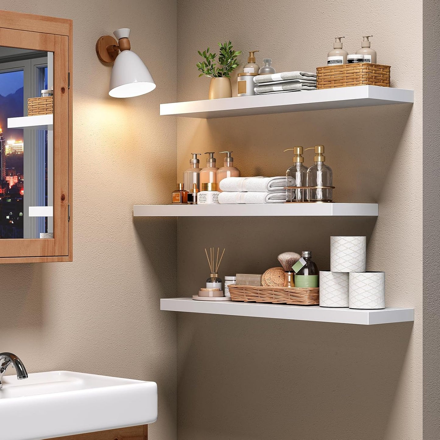 HOOBRO Floating Shelves for Wall, Wall Mounted Shelf Set of 2, 31.5" Hanging Shelf with Invisible Brackets, for Wall in Bathroom, Bedroom, Toilet, Kitchen, Living Room, Office, White WT80BJP201