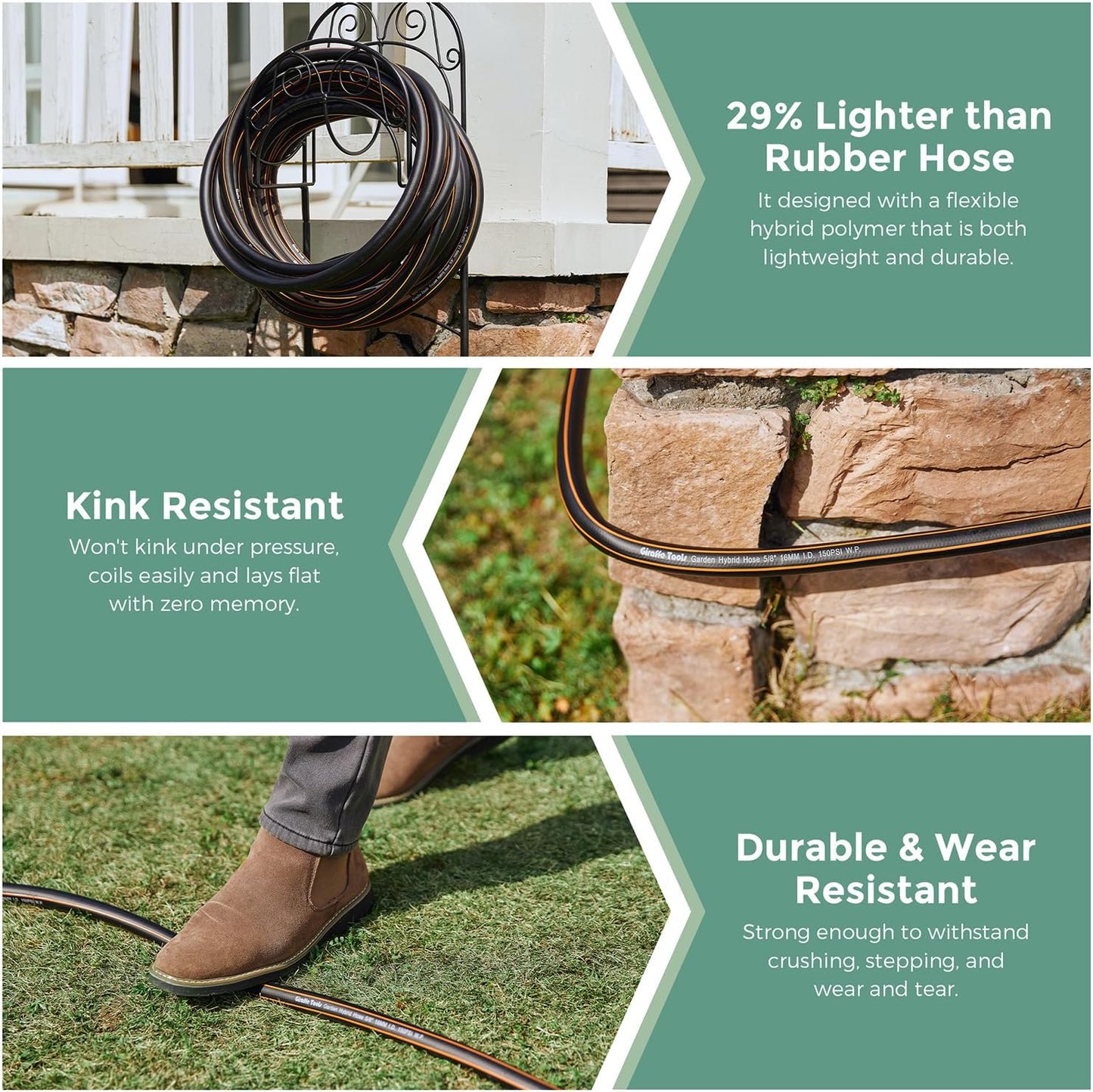 Giraffe Hybrid Leader Hose 5/8" x 15ft, Custom Length, NO Kink, Flexible, Leakproof Water Hose with Male to Female Fittings, 600 Burst PSI
