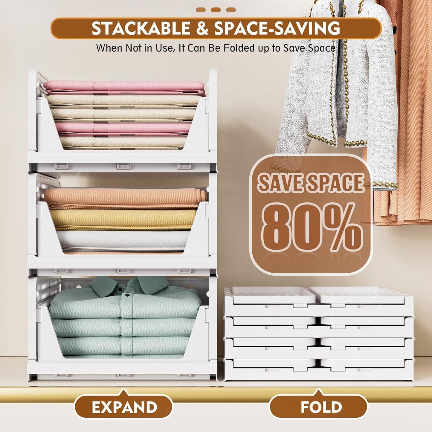 SNSLXH 8 Pack Stackable Closet Storage Bins, Multifunctional & Foldable Closet Organizers and Storage for Bathroom Kitchen Laundry Room Drawer Shelf Storage, Space-Saving Wardrobe Organizer, White