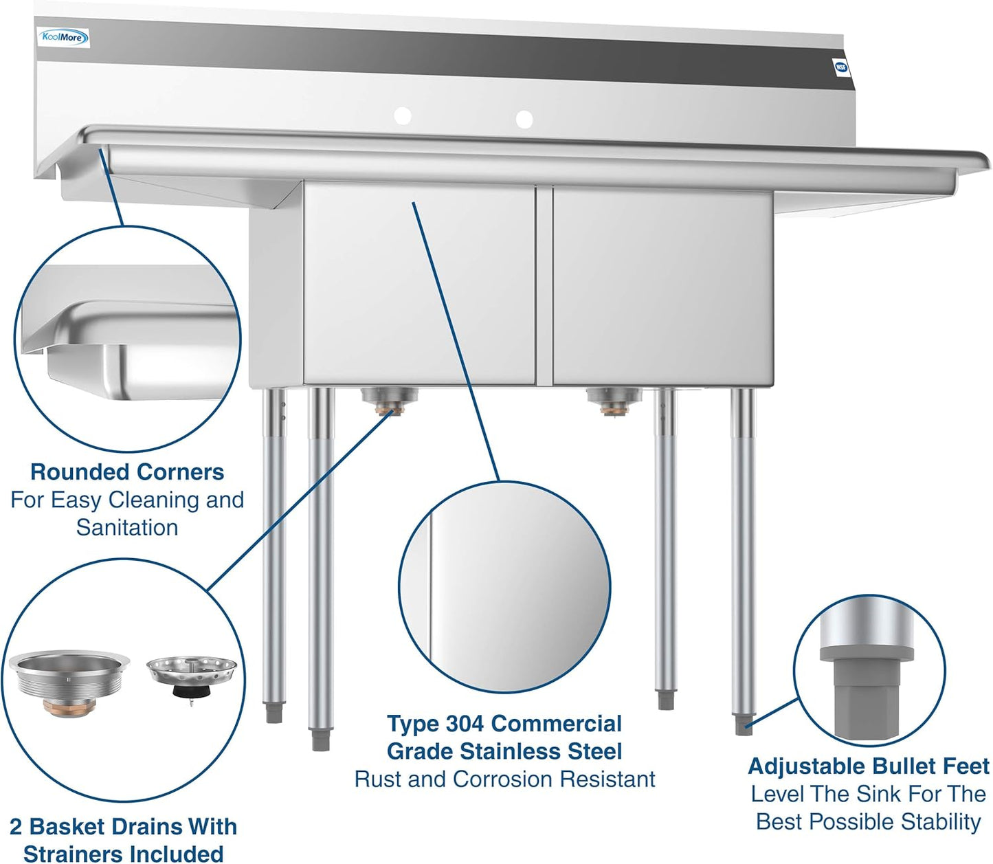KoolMore - SB141611-12B3 2 Compartment Stainless Steel NSF Commercial Kitchen Prep & Utility Sink with 2 Drainboards - Bowl Size 14" x 16" x 11", Silver