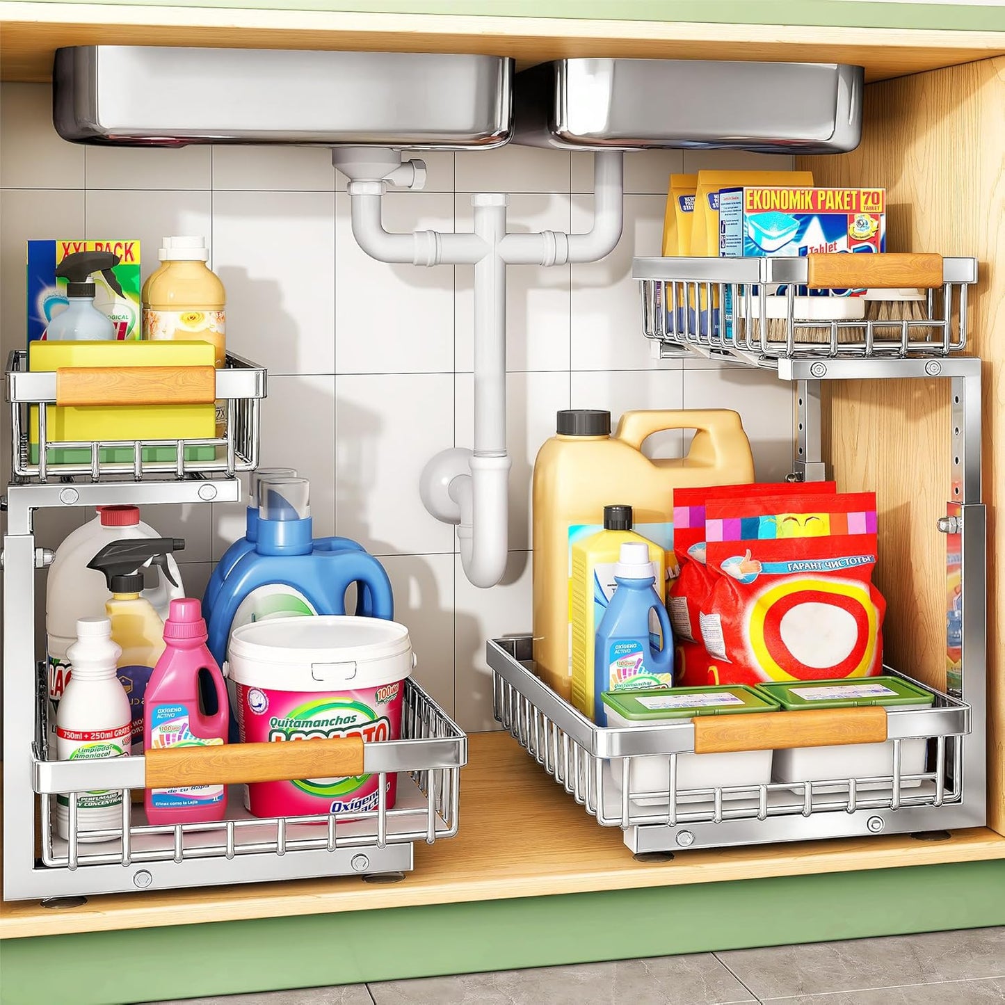 Under Sink Organizer, Stainless Steel 2 Packs 2 Tier Under Sink Organizers and Storage, Slide out Pull out Cabinet Shelf, Sliding Drawer for Kitchen Bathroom Pantry Cabinet Closet Organization Rack
