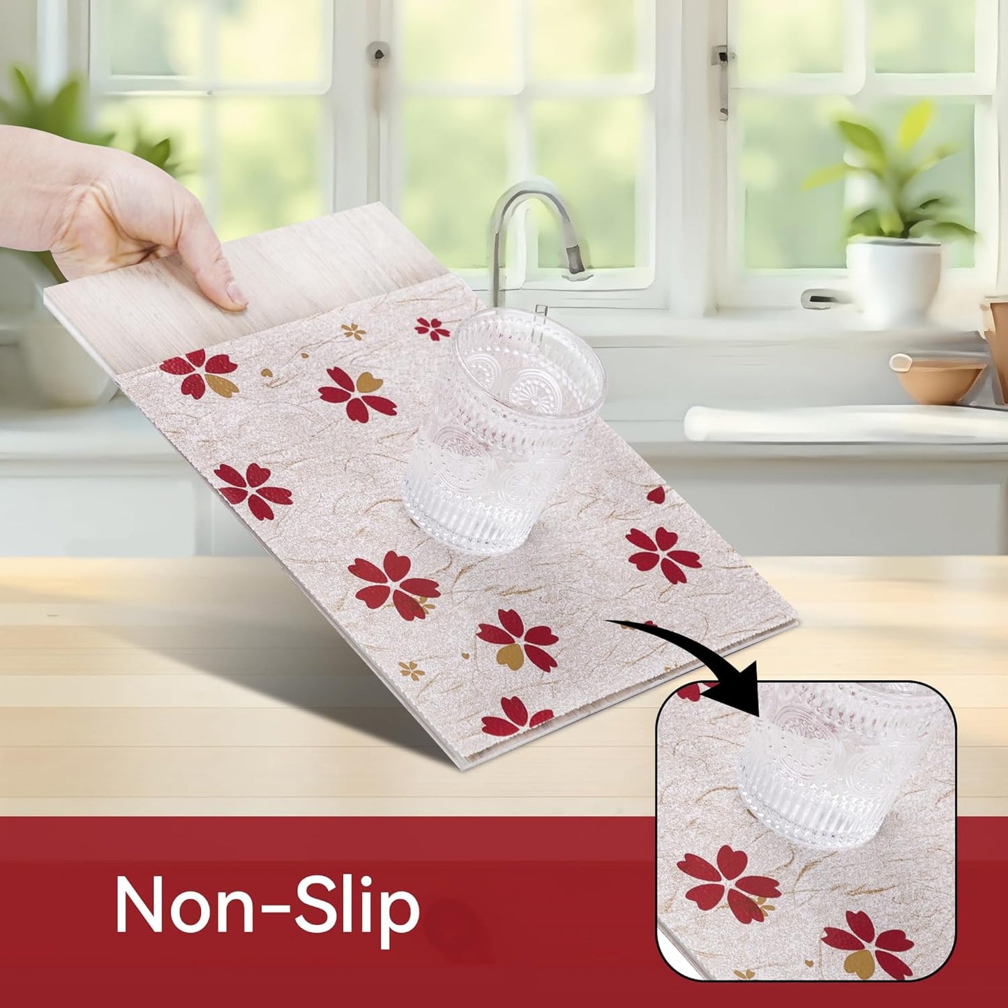 FIFTY FEET 18"x96" Non-Adhesive Shelf Liner for Kitchen Cabinets and Drawers, Washable Non-Slip PVC Cabinet Liner (Red Floral)(1 Roll)